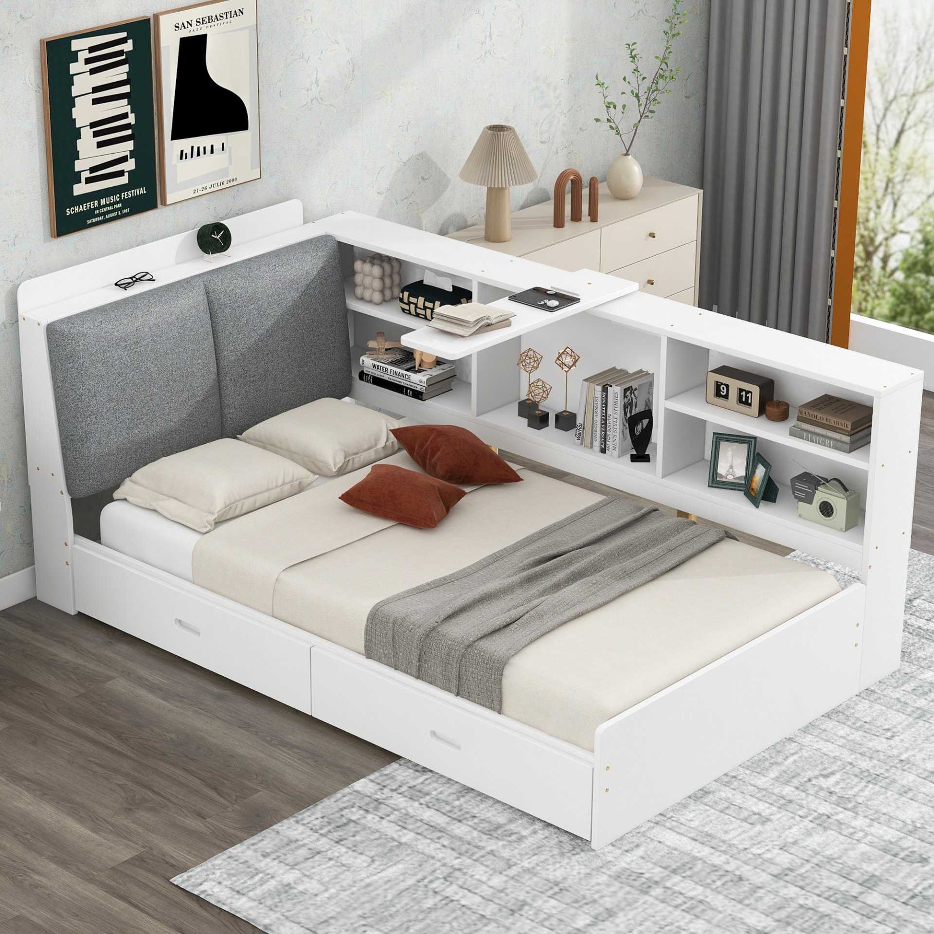 Twin Size Platform Bed With Storage Headboard, Shelves And 2 Drawers - White - Image 6