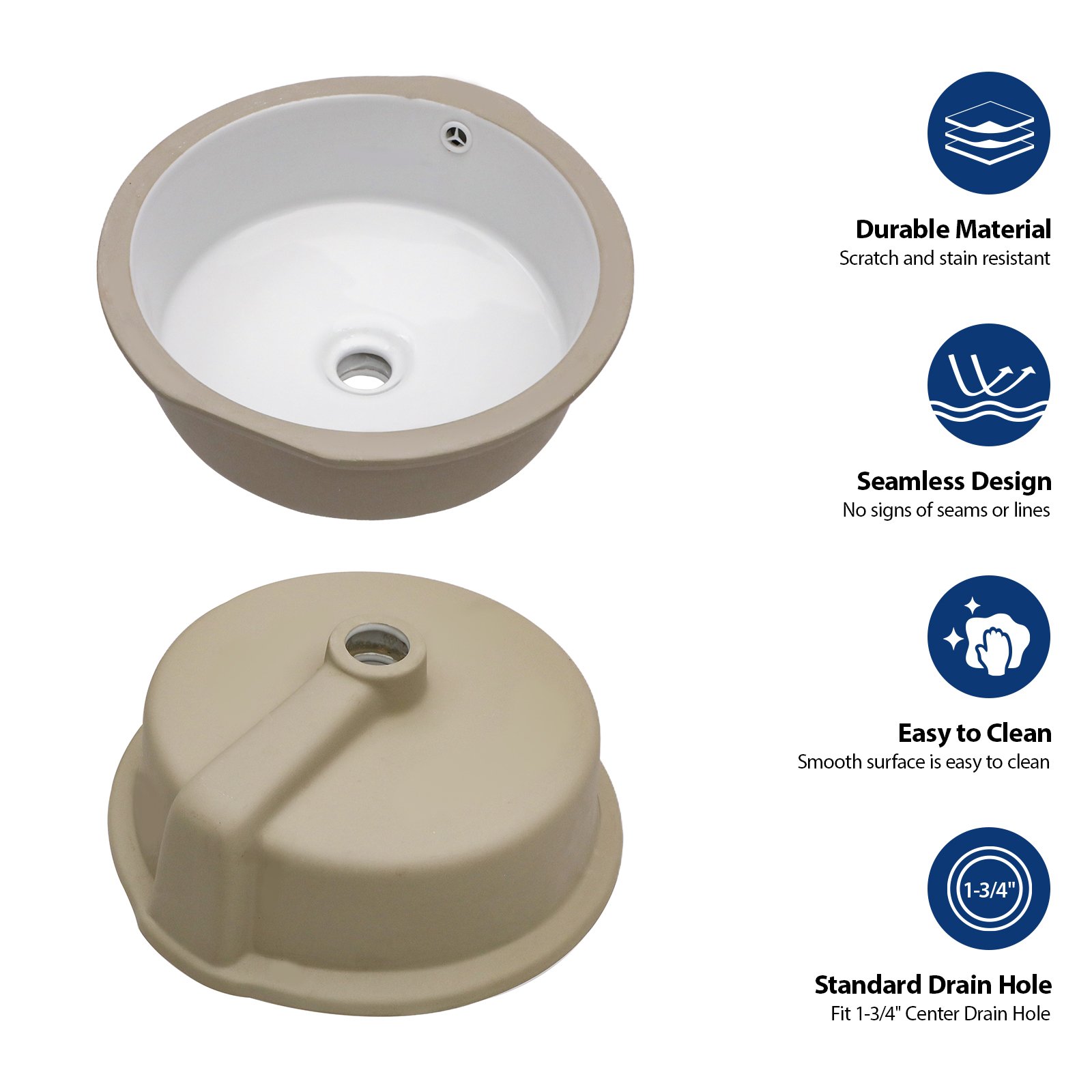 Ceramic Round Undermount Bathroom Sink With Overflow, European Style - White - Image 6