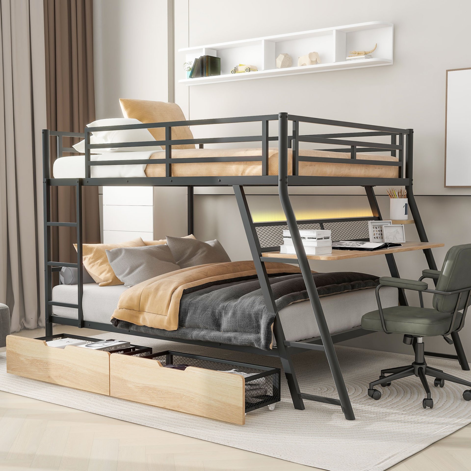 Full Size Bunk Bed With Built In Desk, Light, And 2 Drawers - Black - Image 8