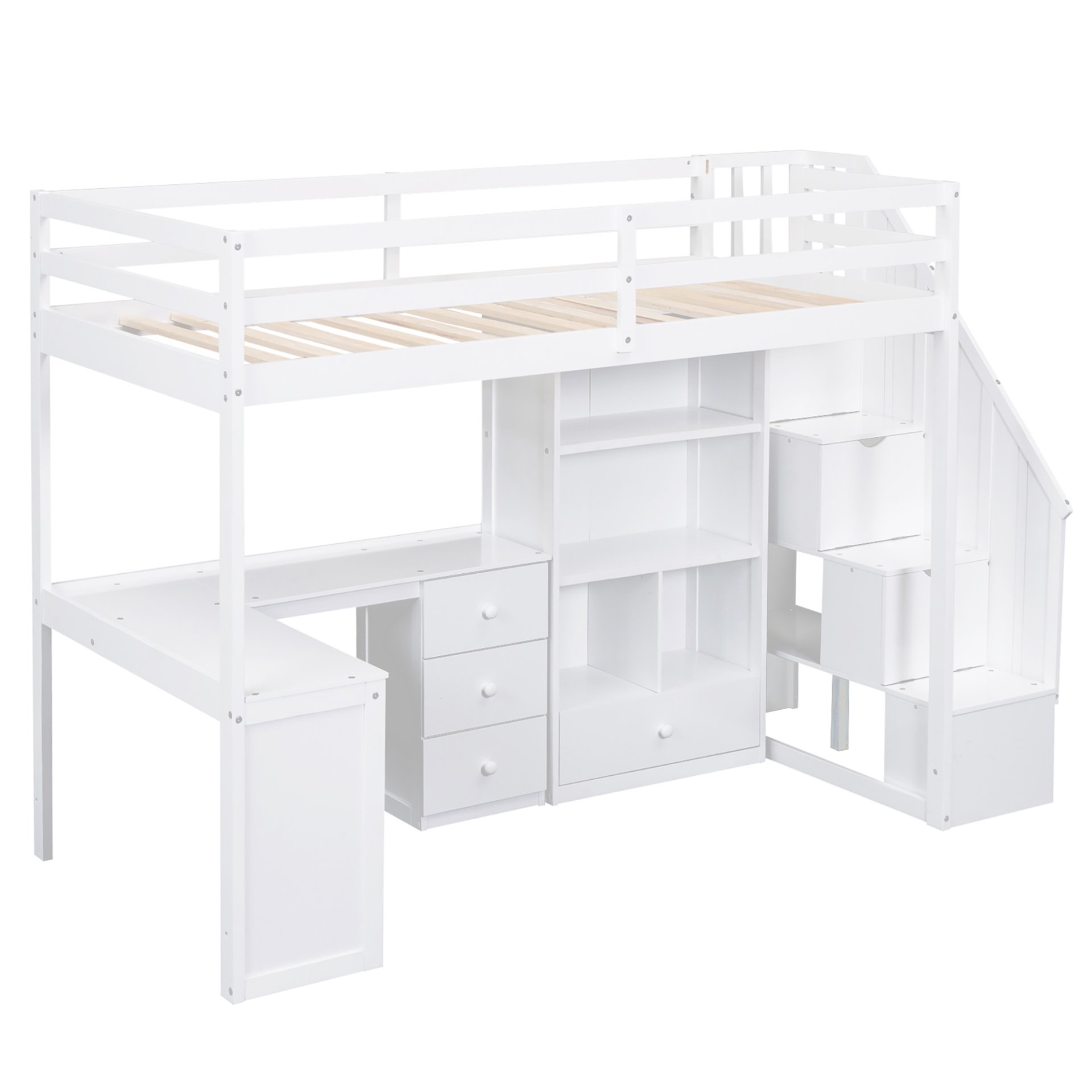 Twin Size Loft Bed With L-Shaped Desk, Drawers, Cabinet And Storage Staircase - White - Image 9
