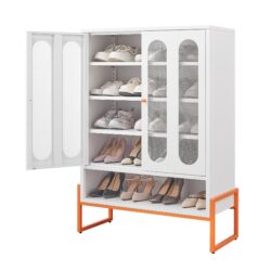 Modern Minimalist Double Door Shoe Cabinet With Adjustable Mesh Doors - White