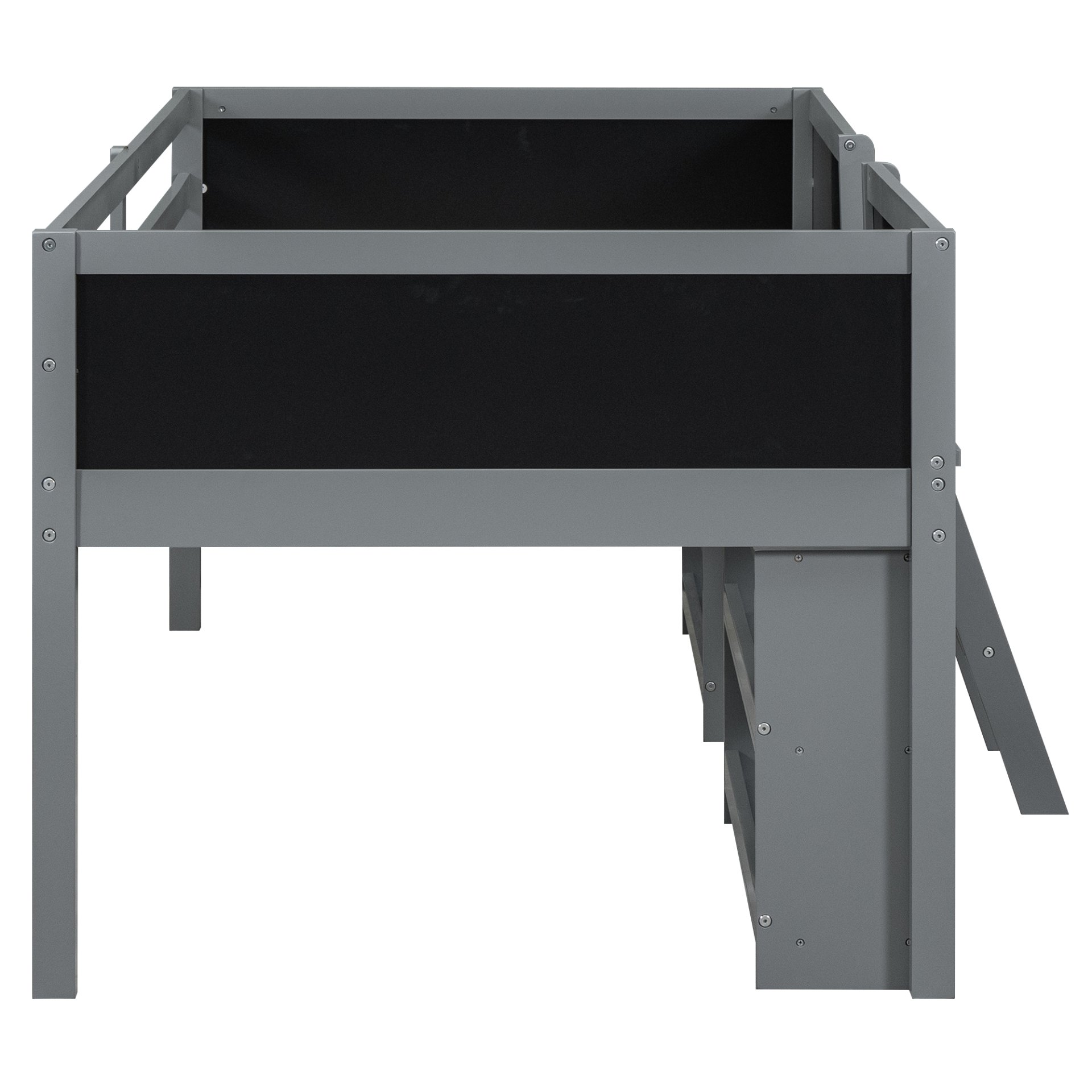 Twin Size Low Loft Bed With Movable Shelves And Ladder, Decorative Chalkboard Guardrail - Gray - Image 5