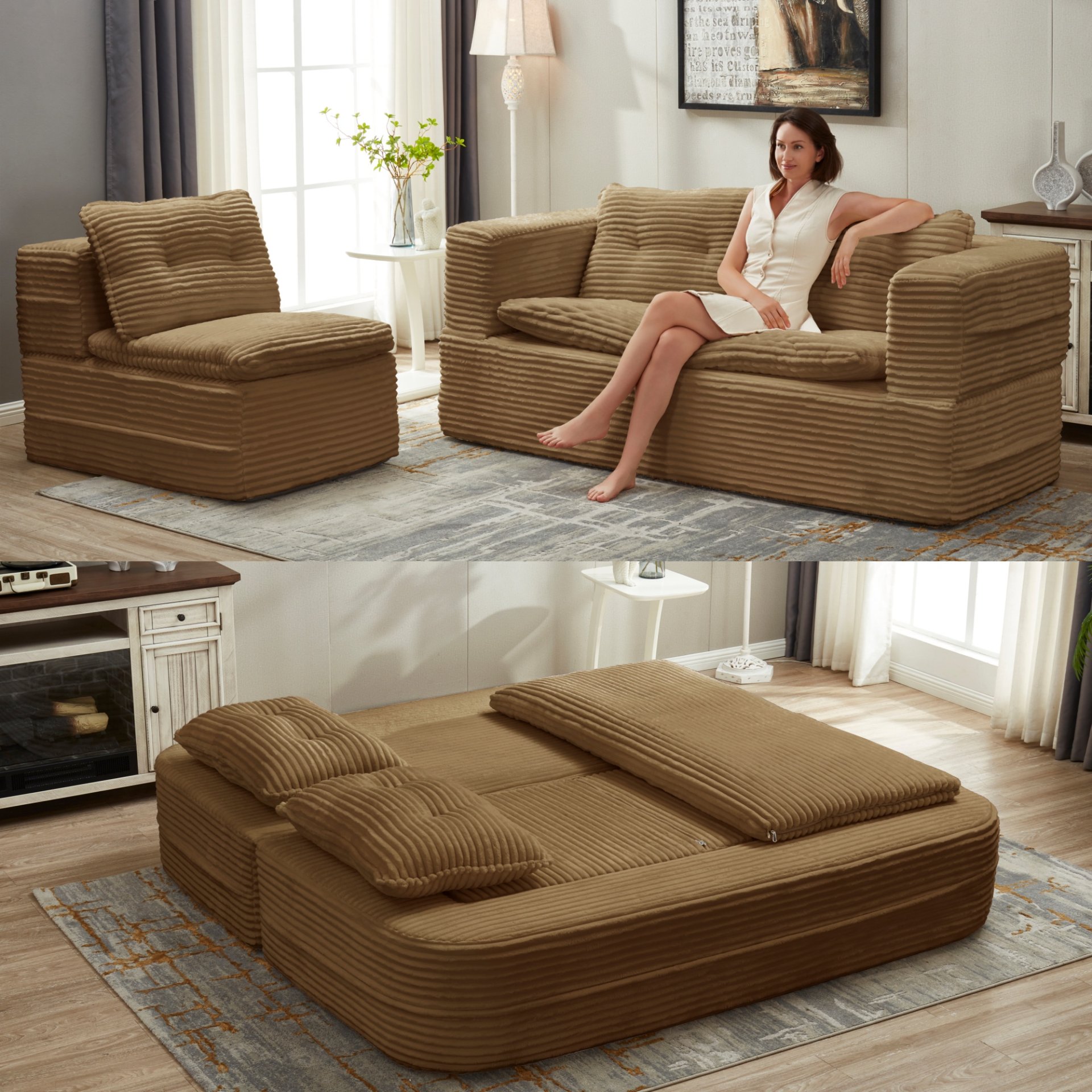 Multi Functional Sectional Sofa Bed With Independent Chaise Lounge And Functional Blanket - Camel - Image 4