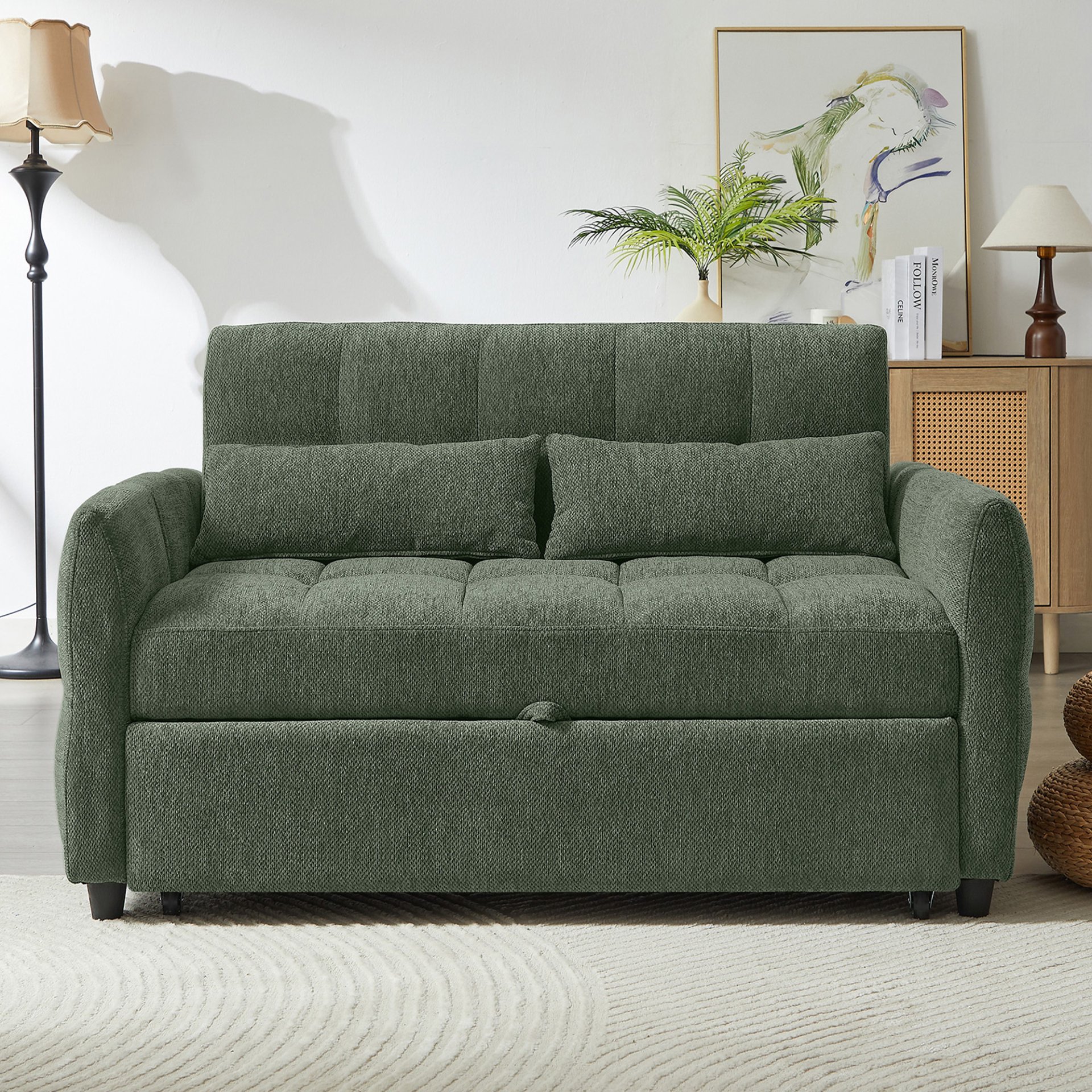 Tufted Loveseat Sofa Bed With Adjustable Backrest, 3 USB Ports, And 2 Lumbar Pillows - Green - Image 5