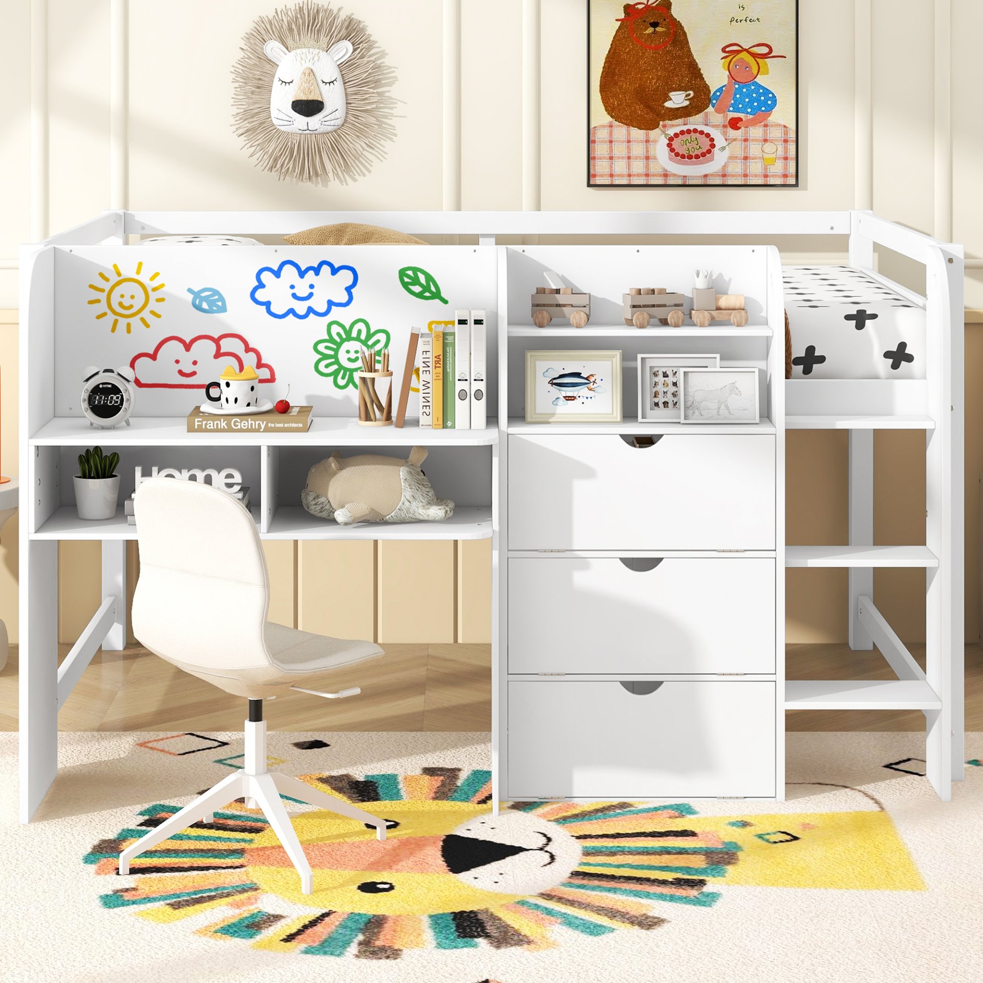 Full Size Low Loft Bed With Built In Desk, Storage Cabinets, Open Bookcase And Doodle Blackboard - White - Image 2