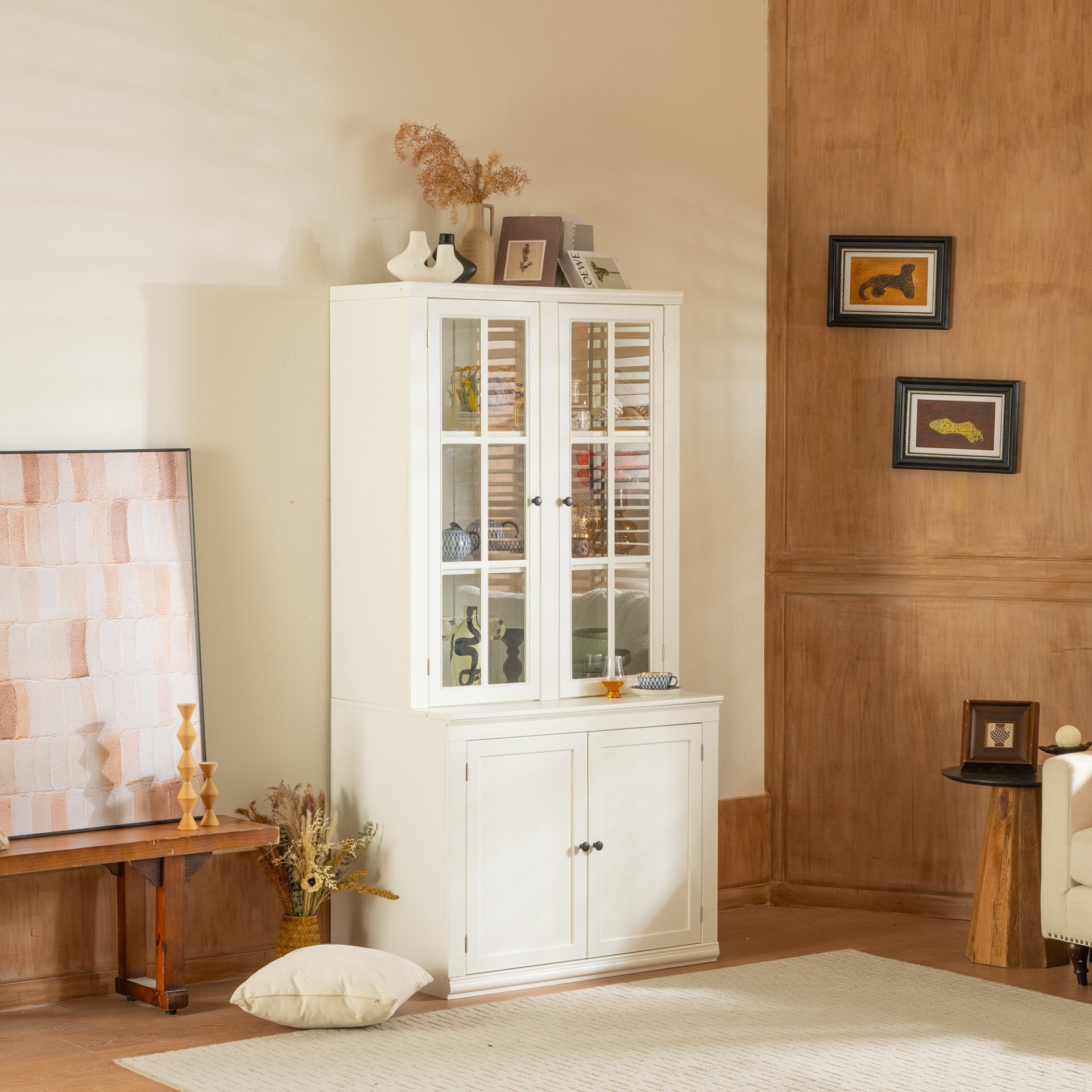 Retro Style Hutch Cabinet With Double Glass Doors, China Cabinet For Home, Office, Or Studio - White - Image 2