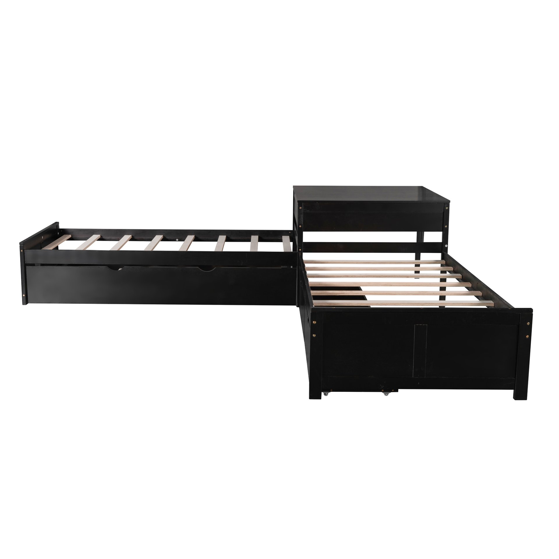 L-Shaped Platform Bed With Trundle And Drawers Linked With Built In Desk, Twin - Espresso - Image 9