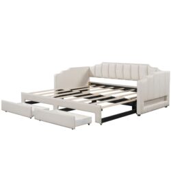 Twin Long To King Size Upholstered Extendable Daybed With LED Light And 2 Storage Drawers - Beige