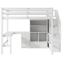 Full Size Loft Bed With L-Shaped Desk, Drawers, Cabinet, And Storage Staircase - White