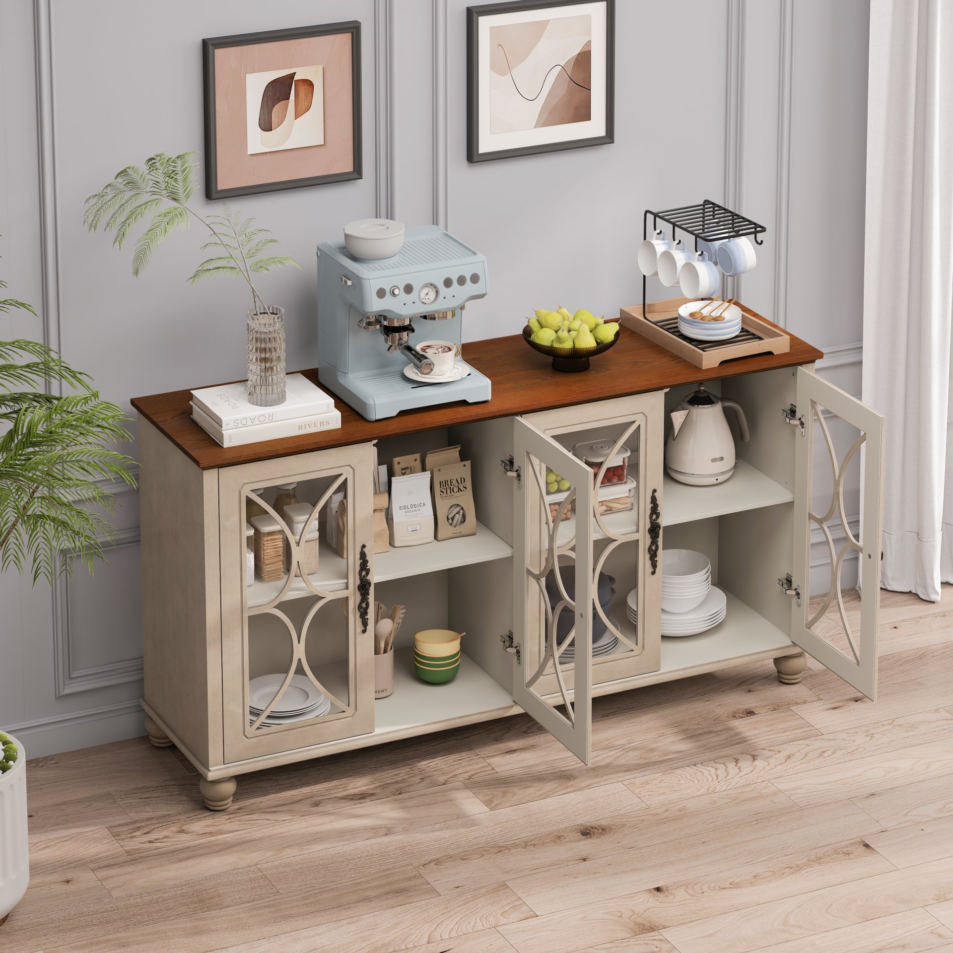 Elegant 4 Door Cabinet With Tempered Glass Doors - Beige - Image 6