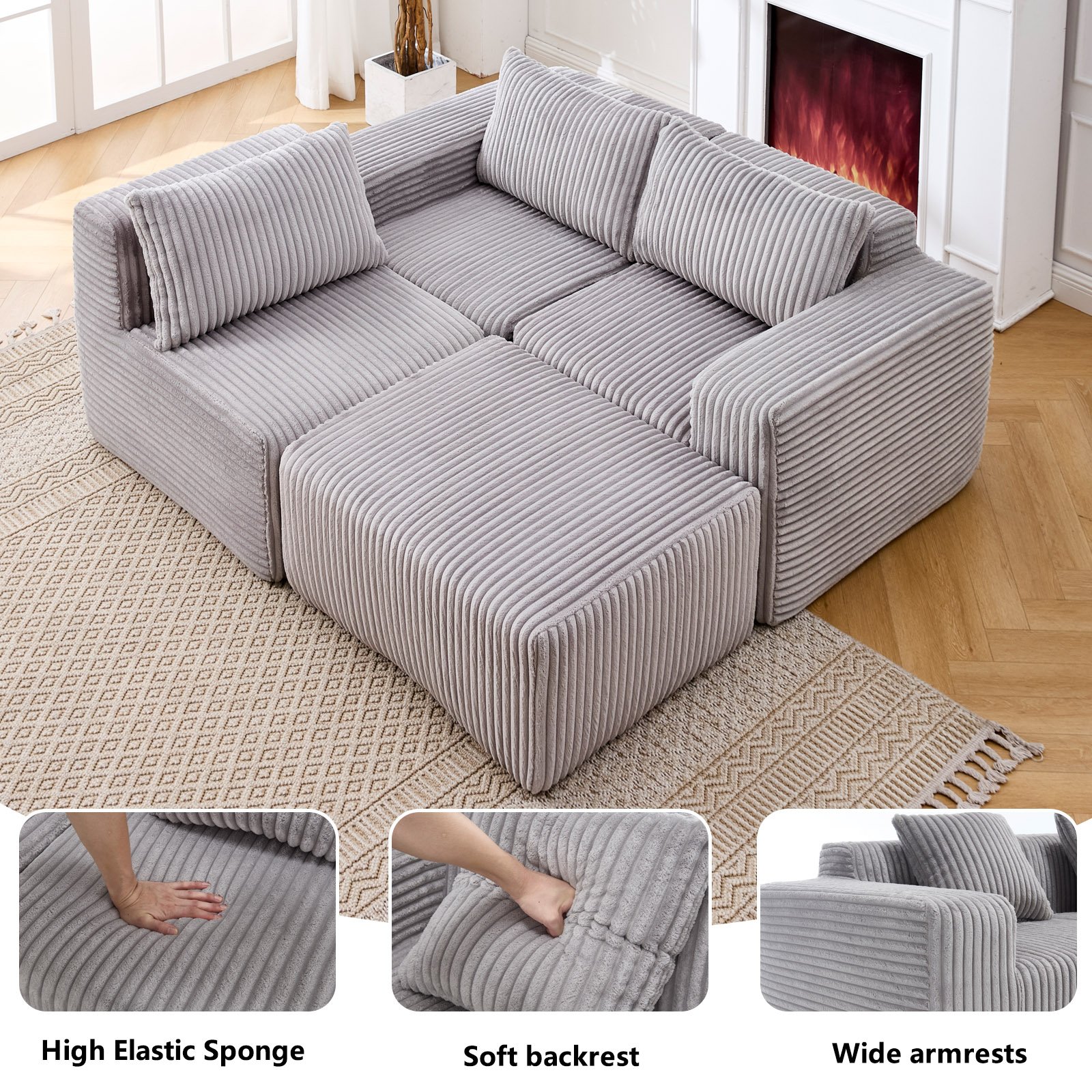 Modern Minimalist Modular Sectional Sofa L - Shape Upholstered Cloud Couch With Deep Seats - Light Gray - Image 2