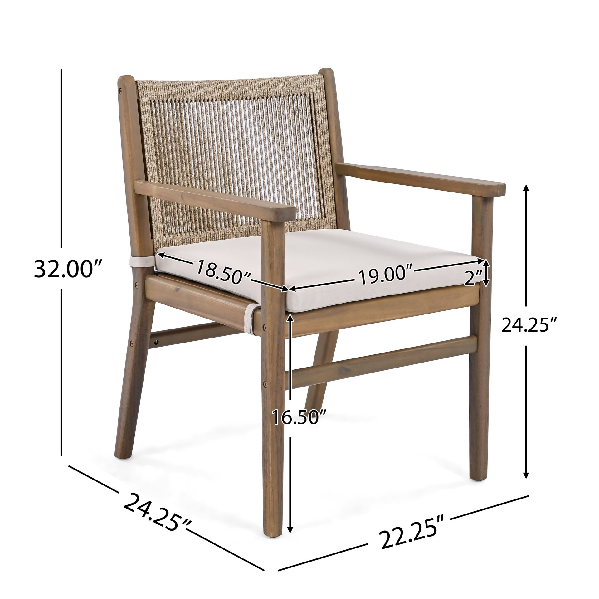 Outdoor Dining Chairs, Patio Armchair With Rope Design Back (Set of 2) - Light Brown - Image 3