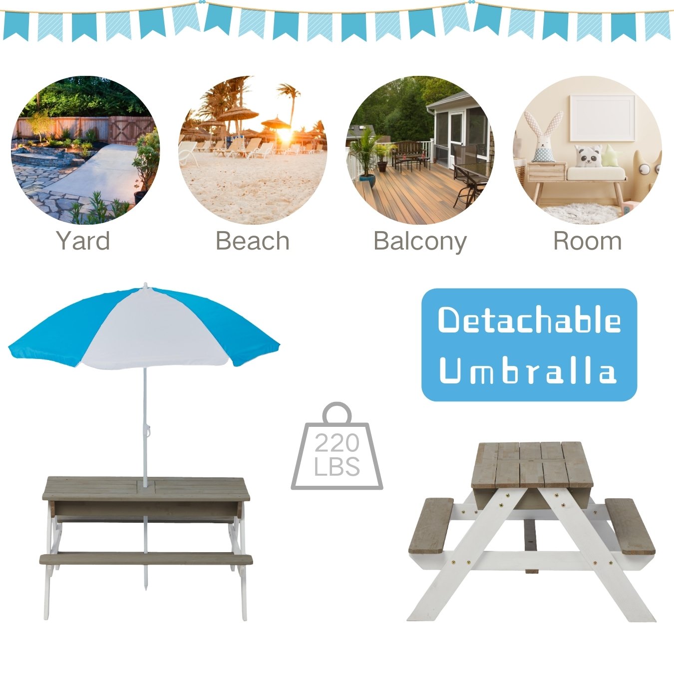Wooden Kids Picnic Table, Sand And Water Table With Umbrella, Activity Table For Outdoor Backyard Patio Play - White / Gray - Image 2