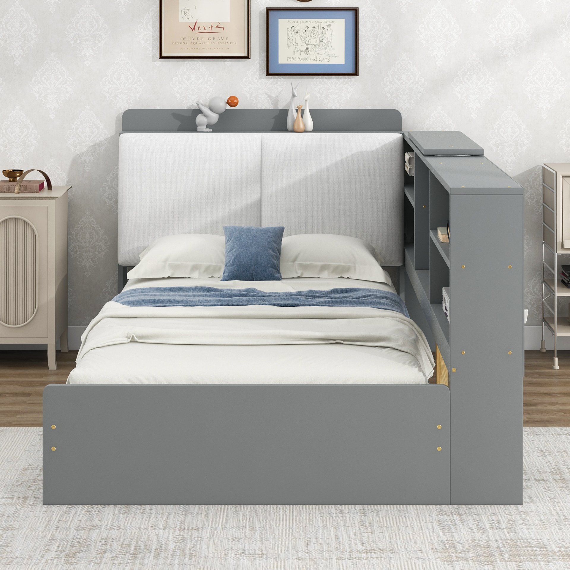 Twin Size Platform Bed With Storage Headboard, Shelves And 2 Drawers - Antique Gray - Image 6