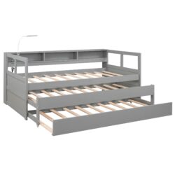Twin Long Daybed With 2 Trundles, 3 Storage Cubbies, Built In USB Charging Light - Gray