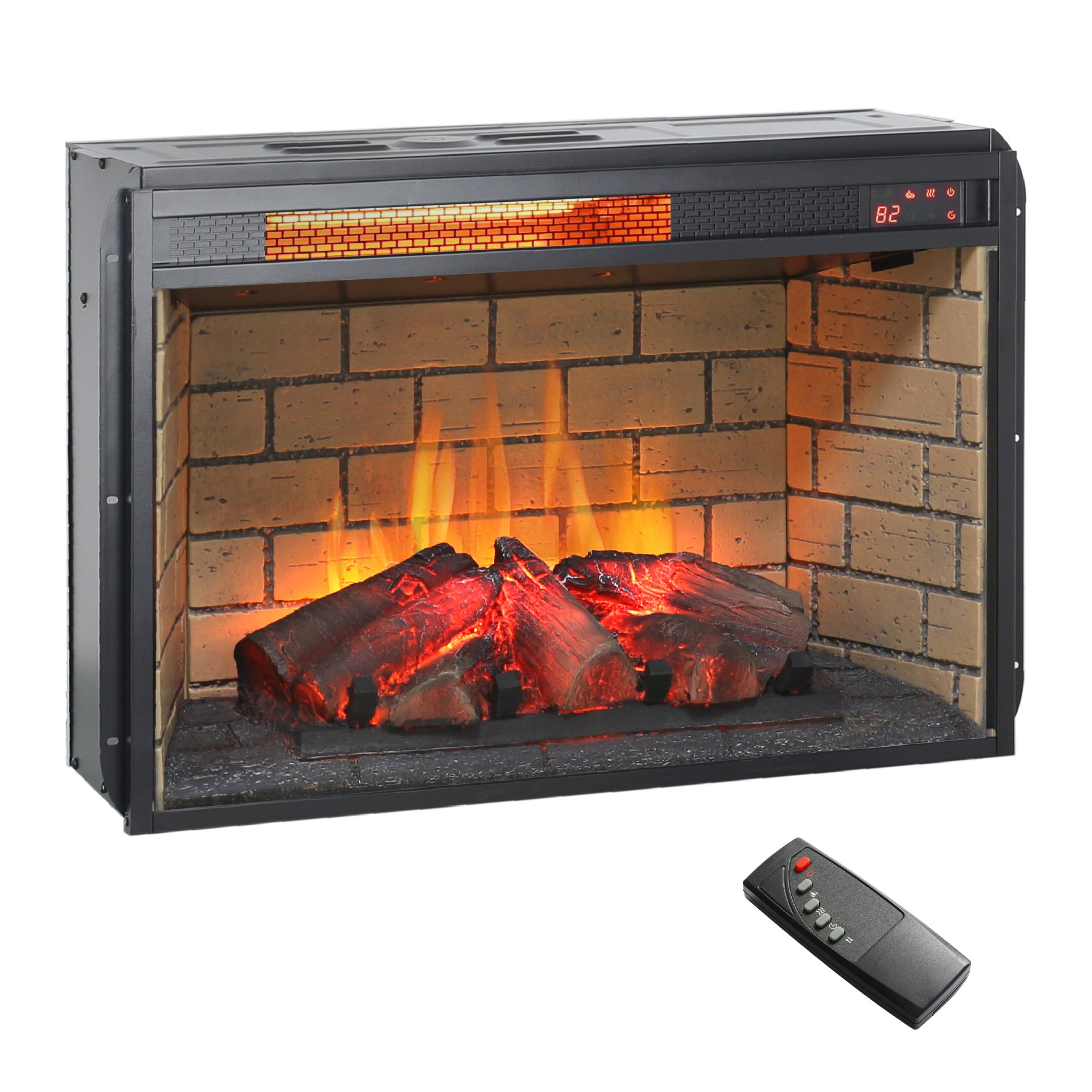 26" Infrared Quartz Heater Fireplace Insert -Woodlog Version With Brick - Antique Black - Image 10