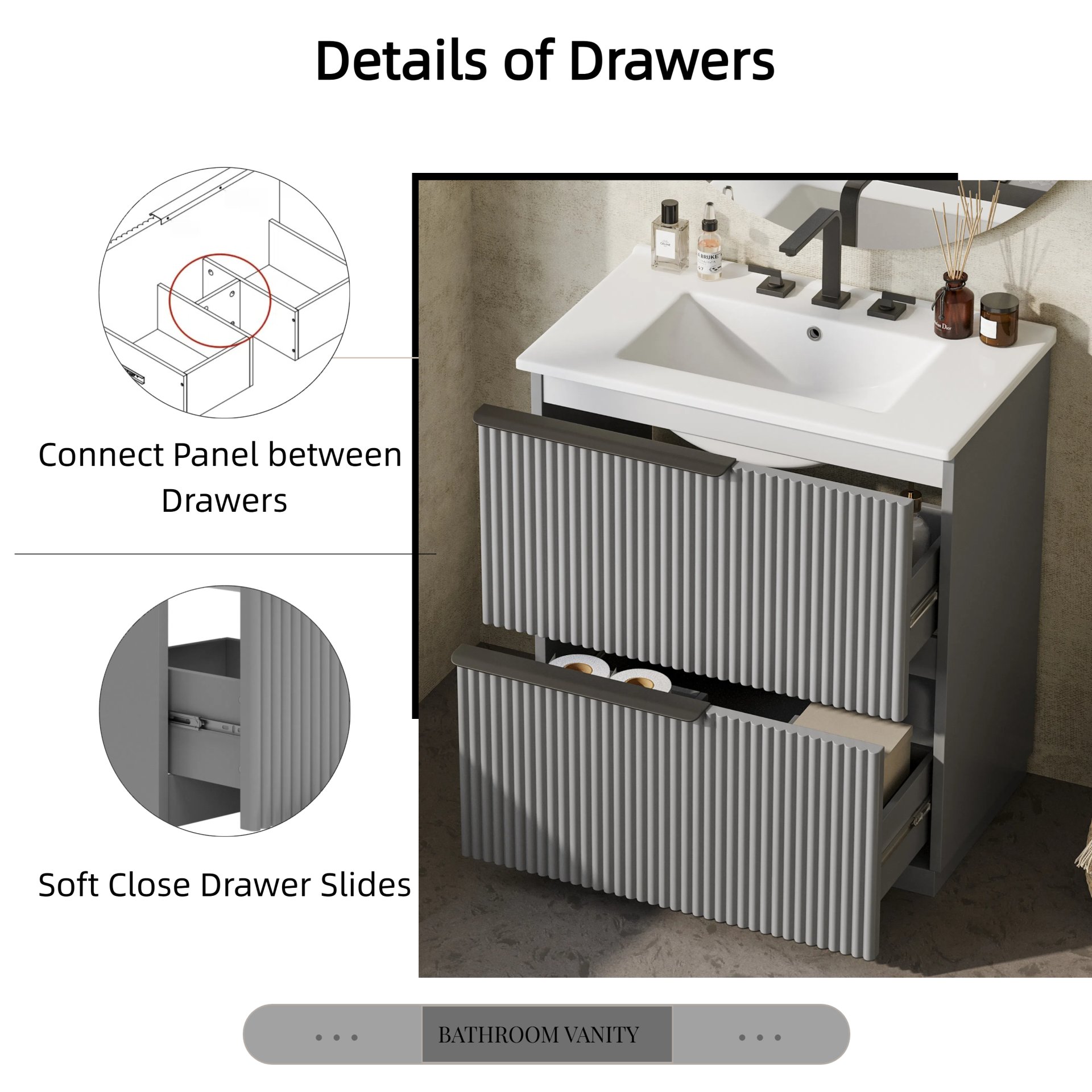 Fluted Bathroom Vanity With Sink, Full Extension Soft Close Drawers - Gray - Image 8