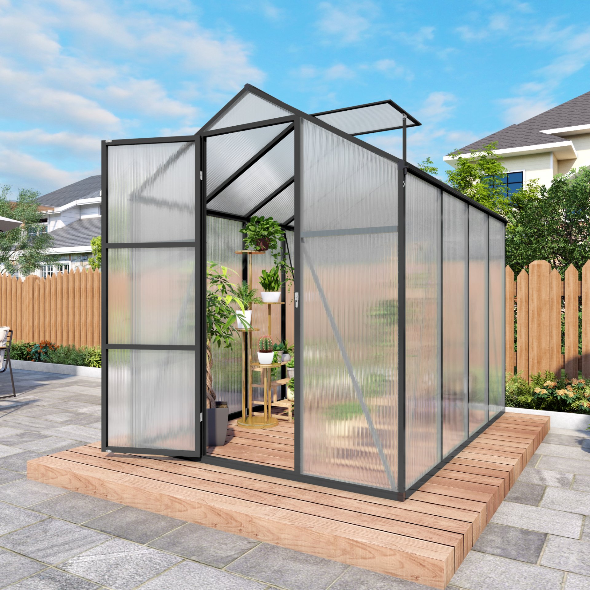 Gain Height Windproof Greenhouse 6 X 8 Ft Polycarbonate With Raised Base And Anchor Alloy Frame, All Season Outdoor Garden Shelter - Black - Image 4