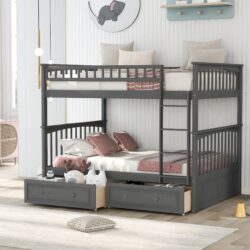 Full Over Full Bunk Bed With Drawers, Convertible Design - Gray