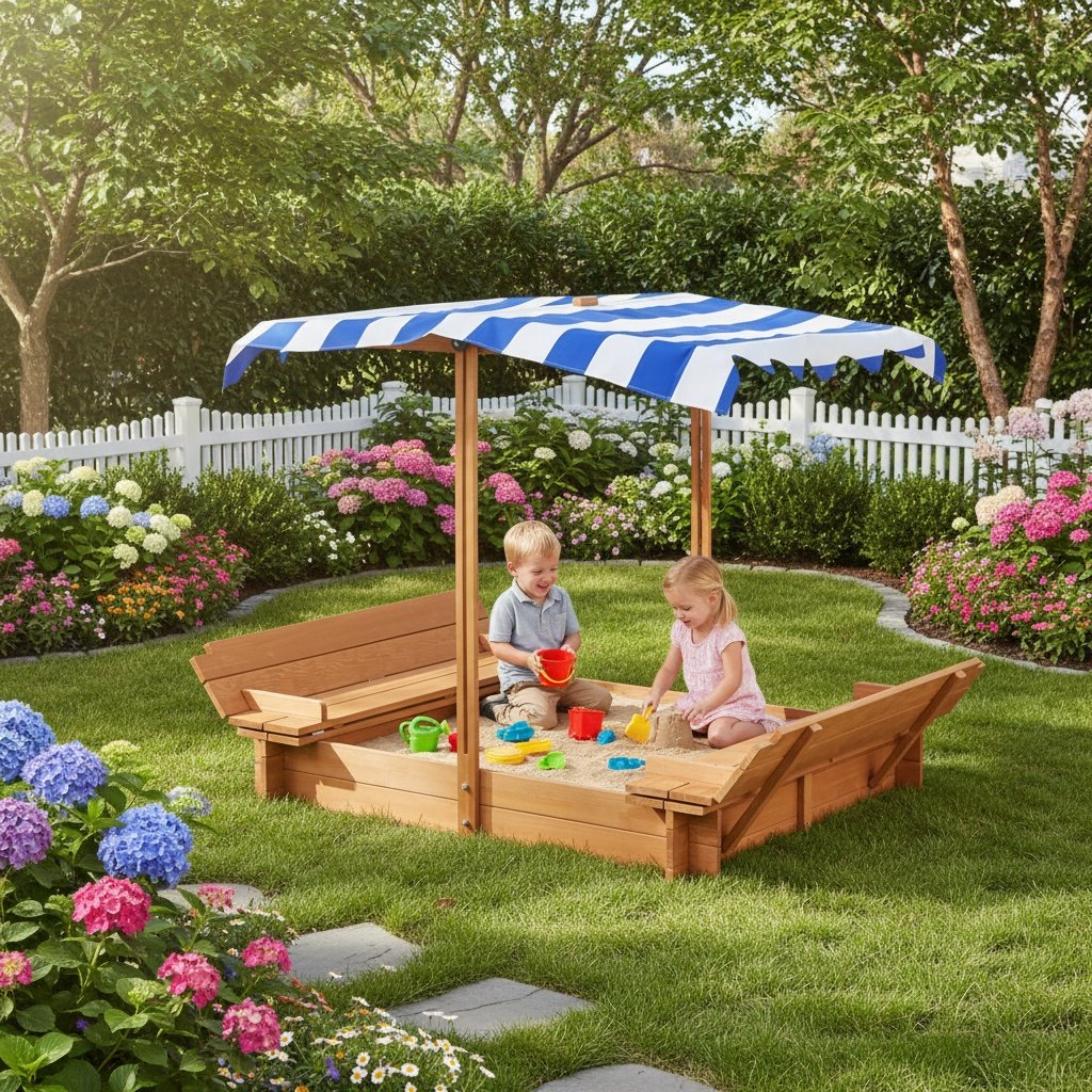 Kids Sandbox With Adjustable Cover, Sand Box With 2 Foldable Bench Seats, Outdoor Sandpit For Backyard Play - Light Brown - Image 4