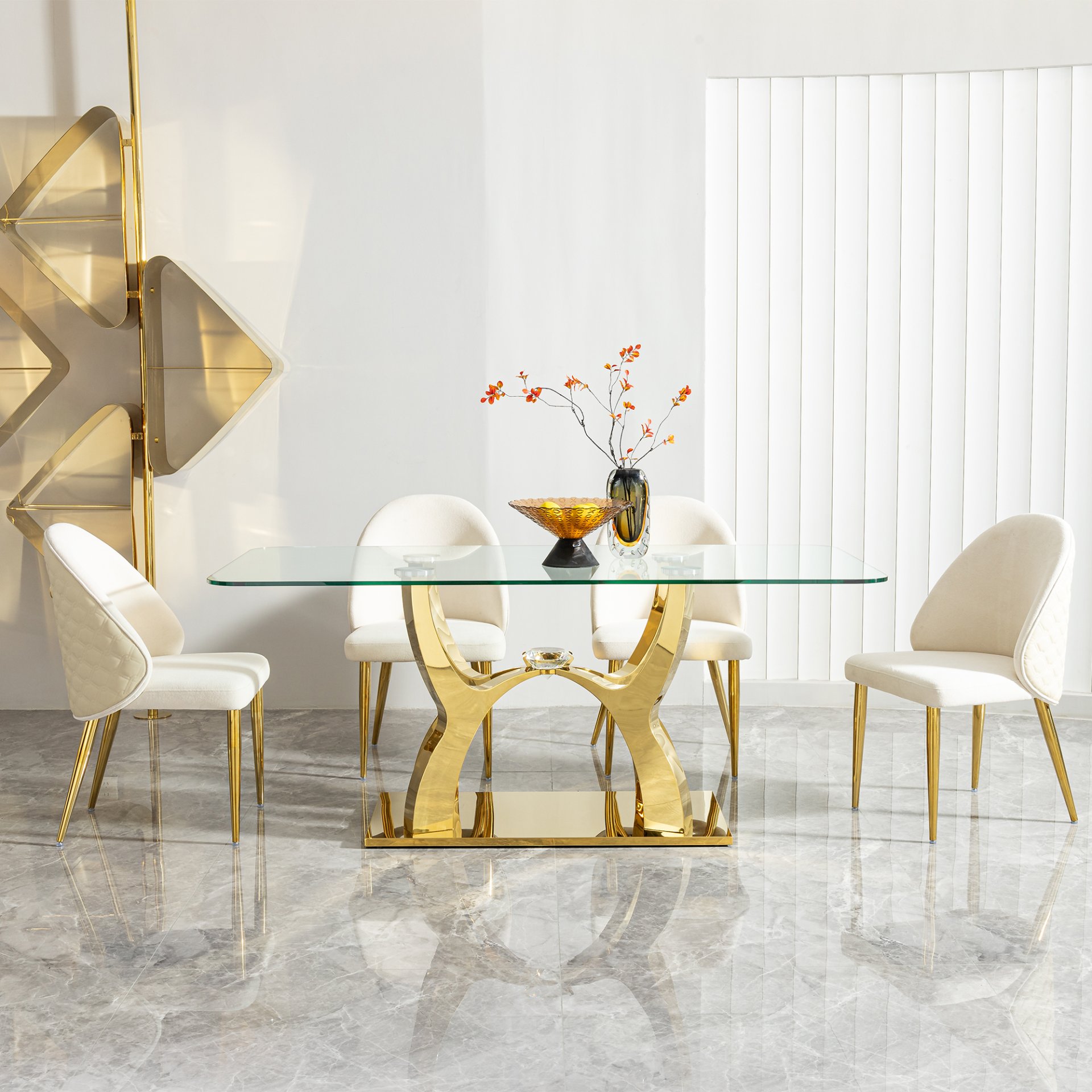 Tempered Clear Glass Rectangular Dining Table With Stainless Steel Base - Gold - Image 7