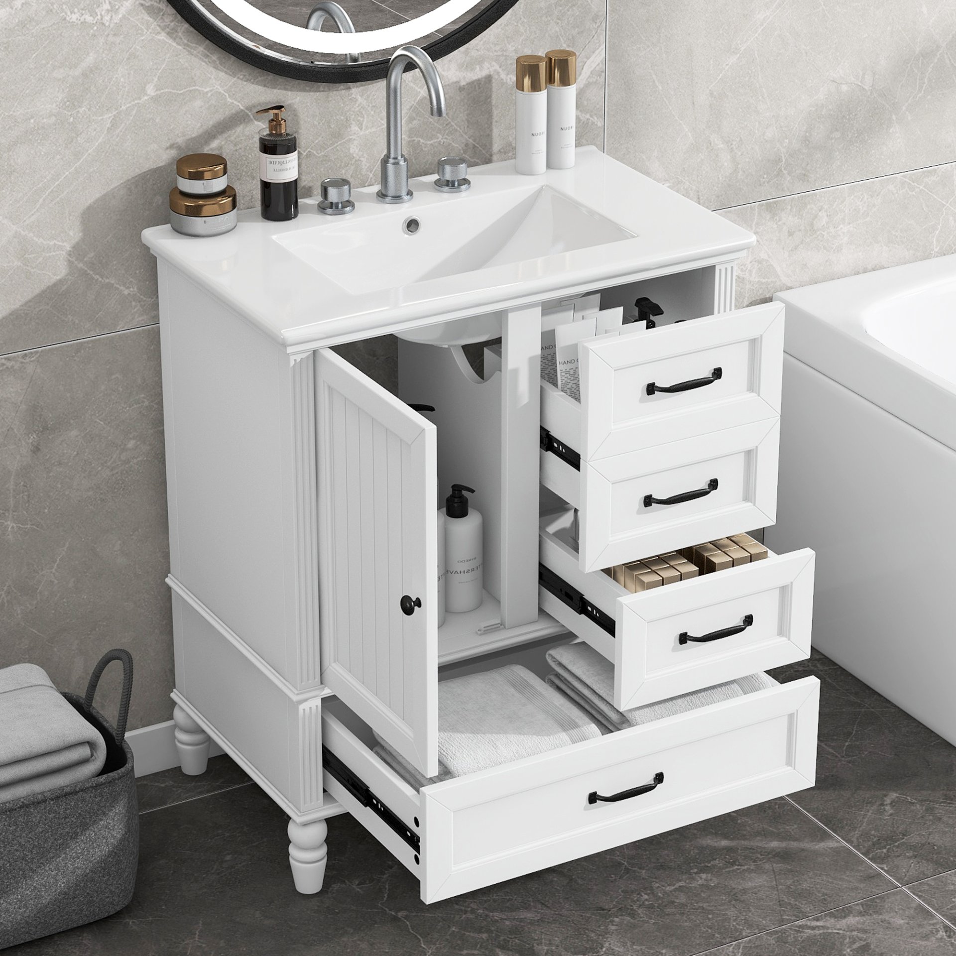 30" Bathroom Vanity With Sink, 3 Drawers, Adjustable Feet - White - Image 4