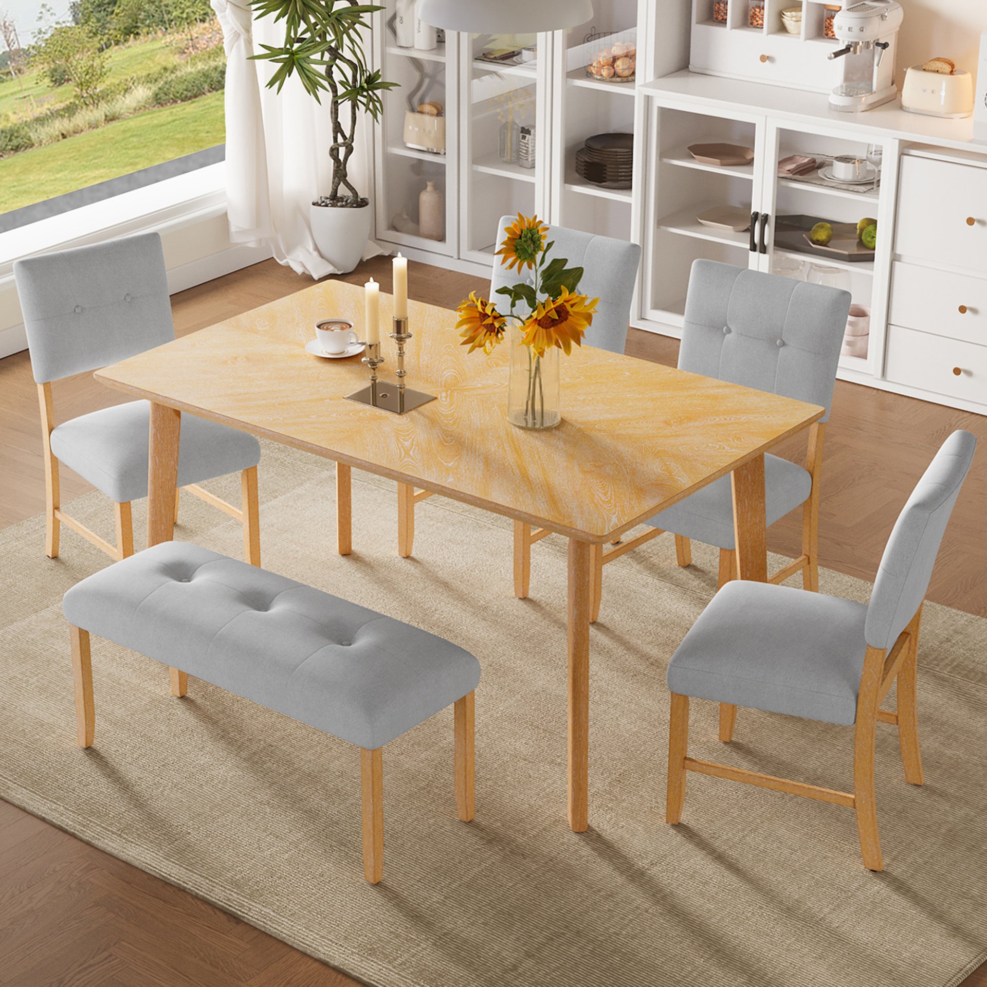 6 Pieces Dining Room Table Set, Rustic Farmhouse Dining Room Rectangular Table With 4 Upholstered Chairs And Bench, Solid Wood Kitchen Dining Table Set For 6 Persons - Natural Wood Wash - Image 2