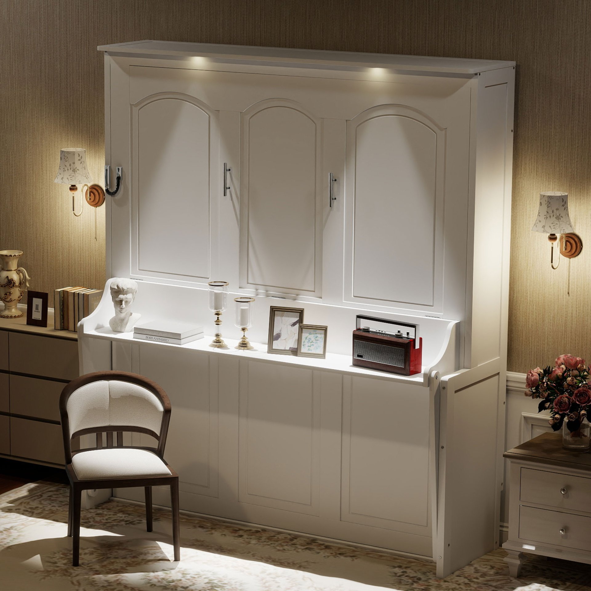 Queen Size Murphy Bed With Desk, LED Lights & USB Charging Station - White - Image 4