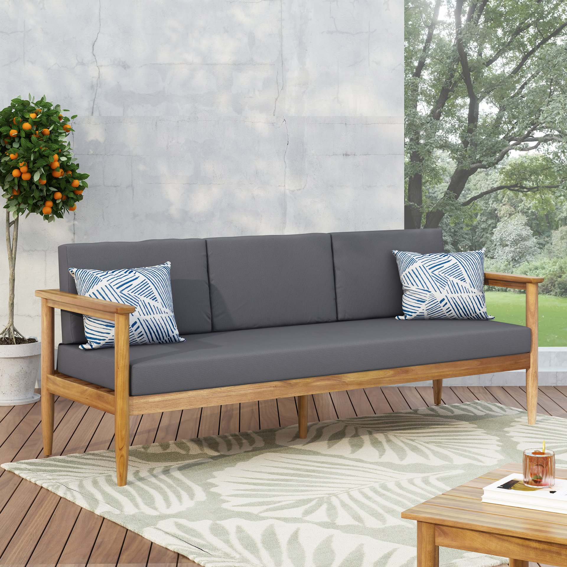 Outdoor 3 Seater Sofa With Cushion And Teak Acacia Wood - Dark Gray - Image 2