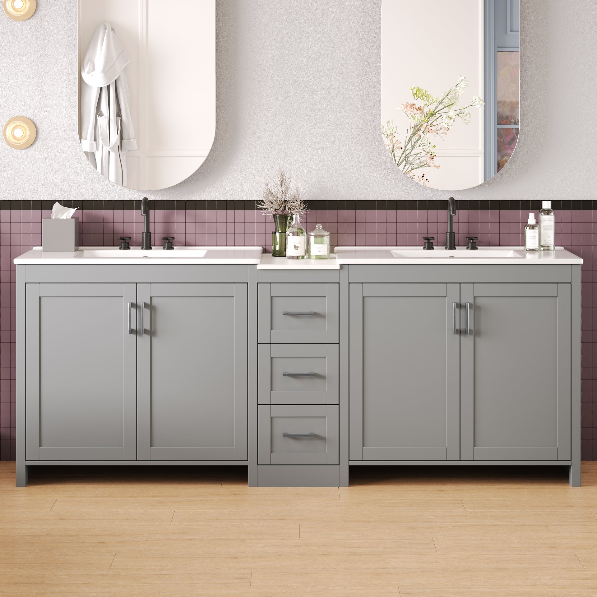 Double Sink Bathroom Vanity With Quartz Countertop, Adjustable Shelves, 3 Drawers - Gray - Image 2