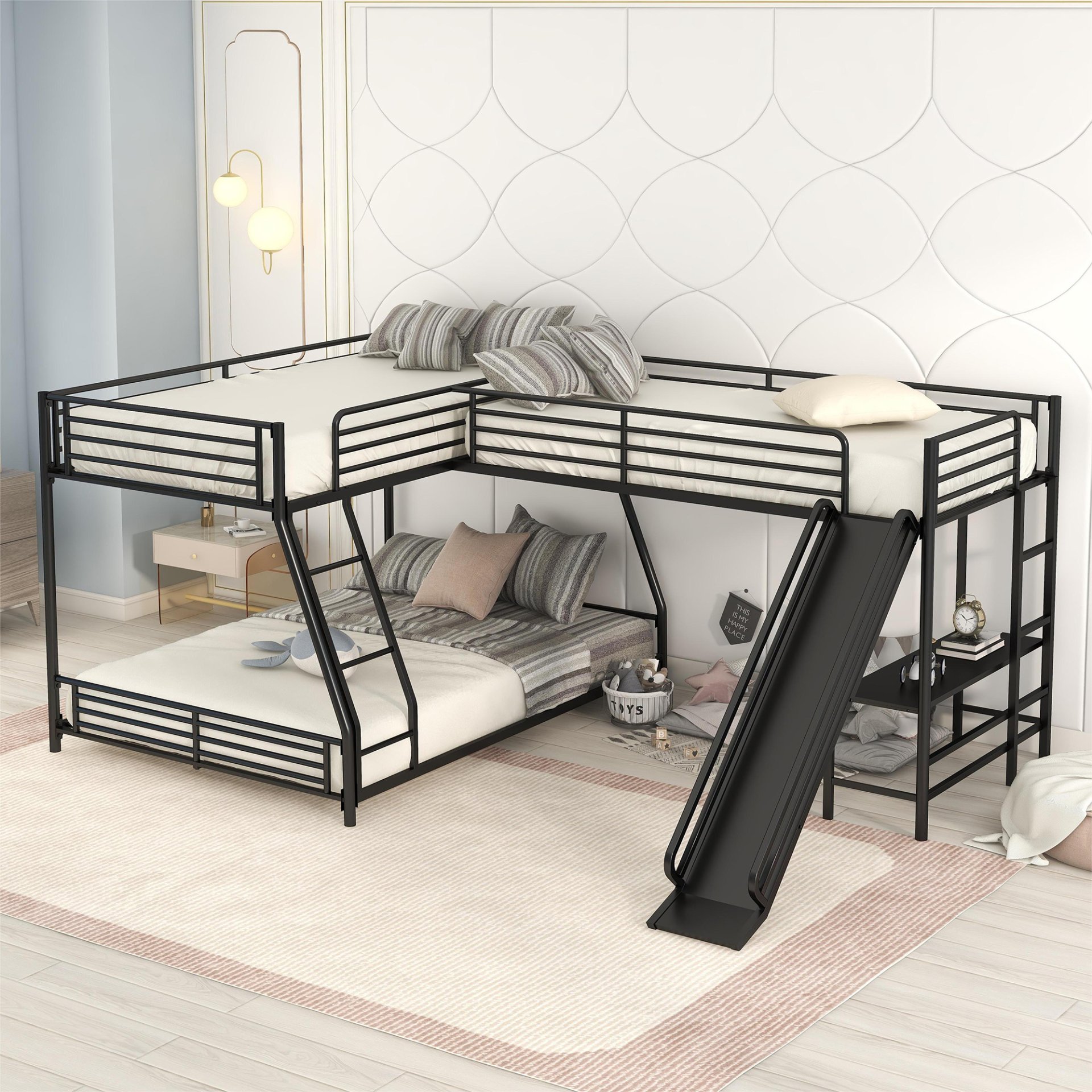 L-Shaped Twin Over Full Bunk Bed With Twin Loft, Built In Desk And Slide - Black - Image 2