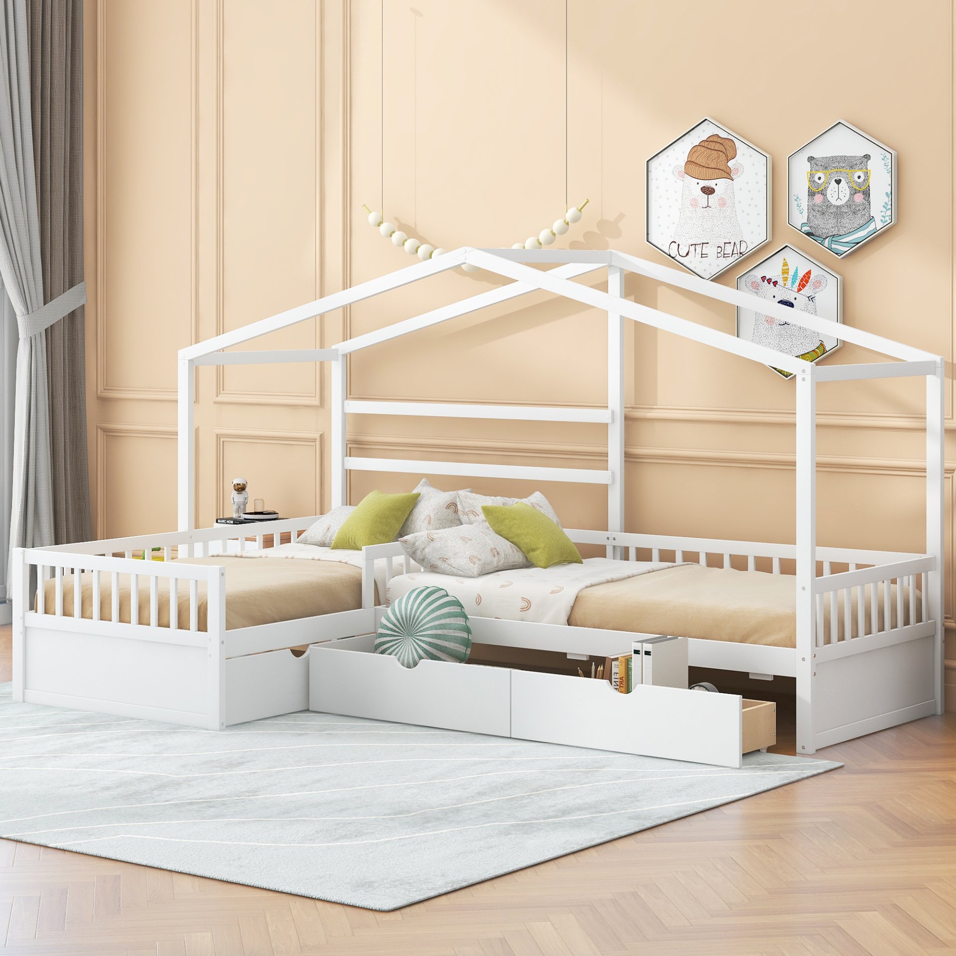 L-Shape Twin Platform Bed With 3 Storage Drawers - White - Image 2