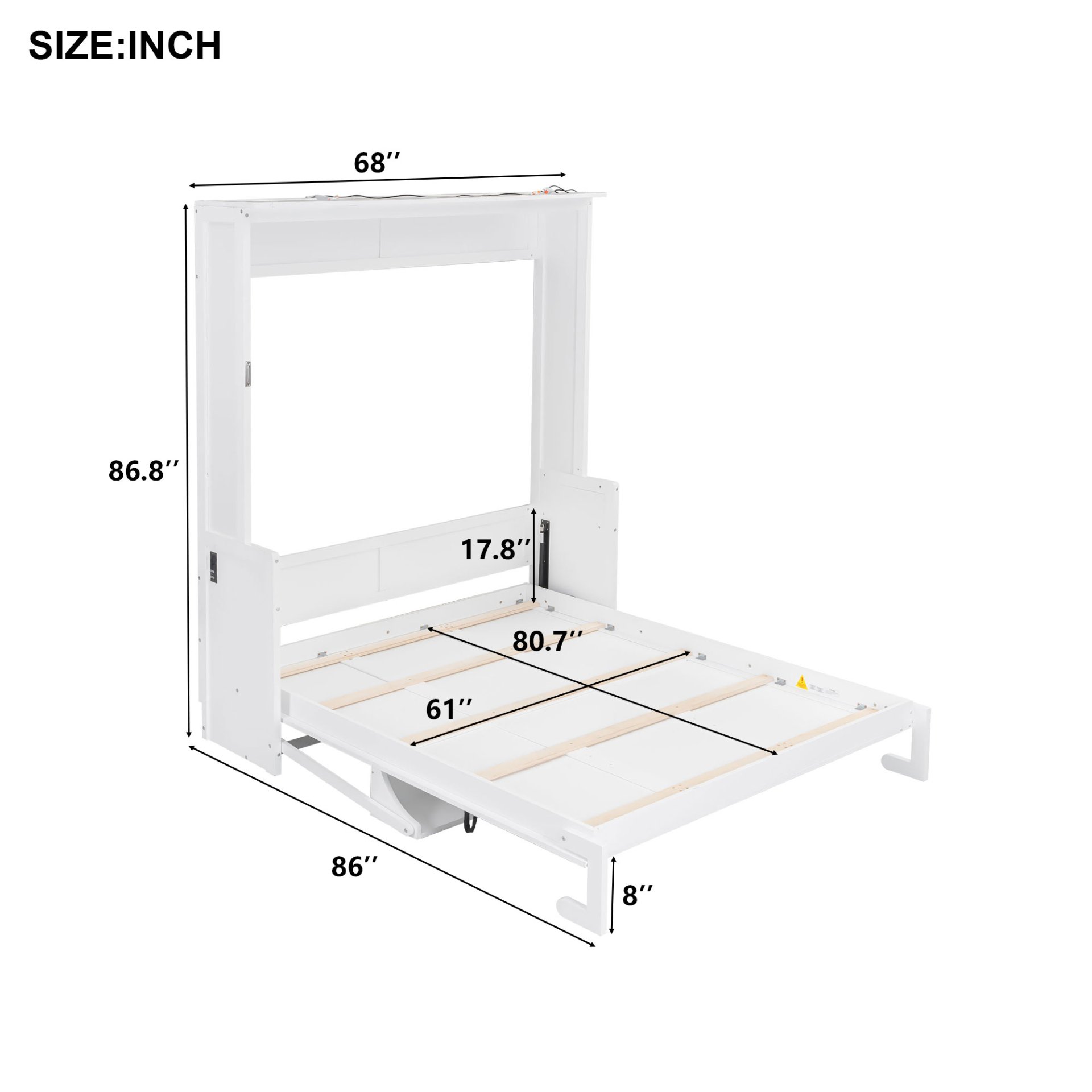 Queen Size Murphy Bed With Desk, LED Lights & USB Charging Station - White - Image 3