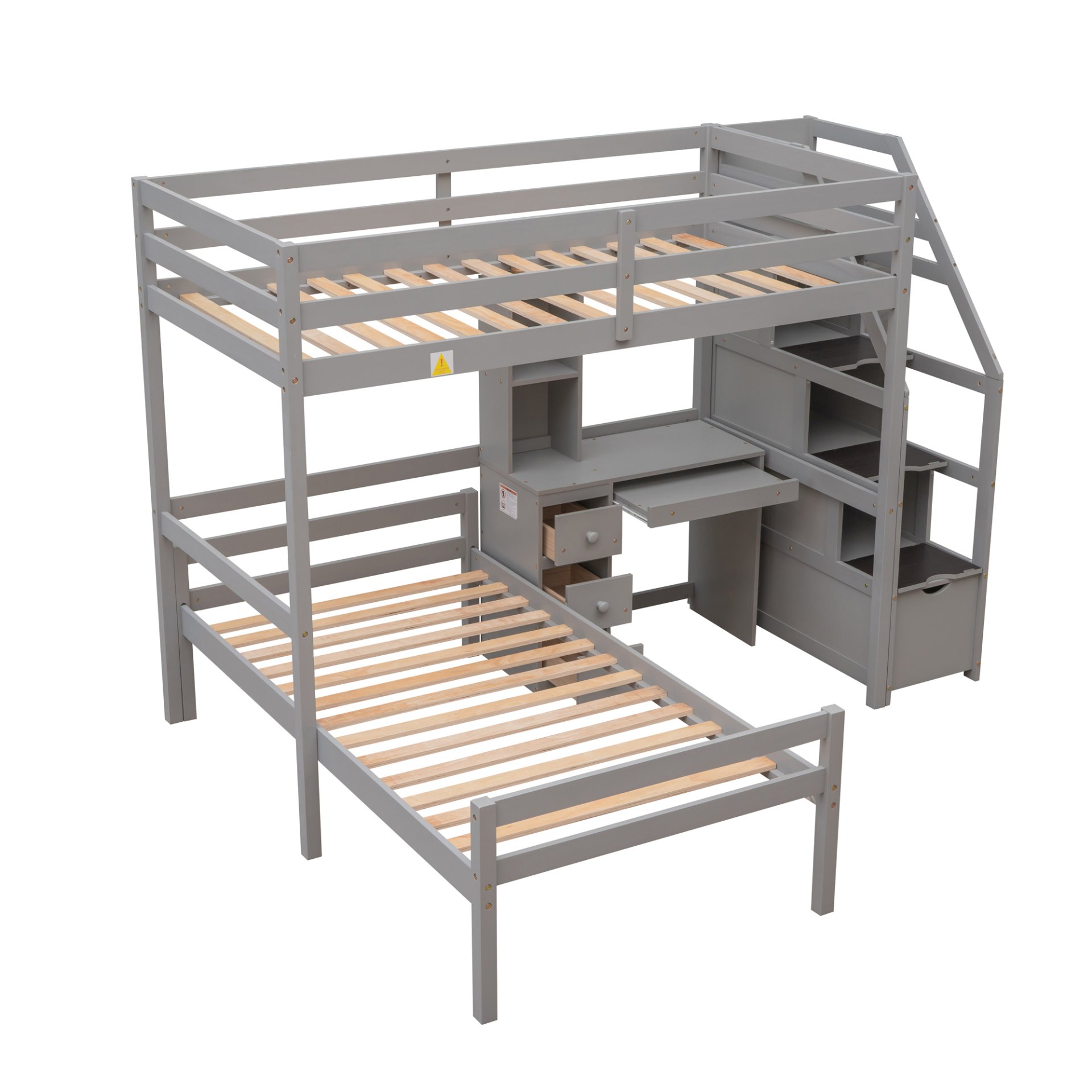 Twin Size Loft Bed With Stand Alone Bunk, Storage Staircase, Desk, Shelves, And Drawers - Gray - Image 8