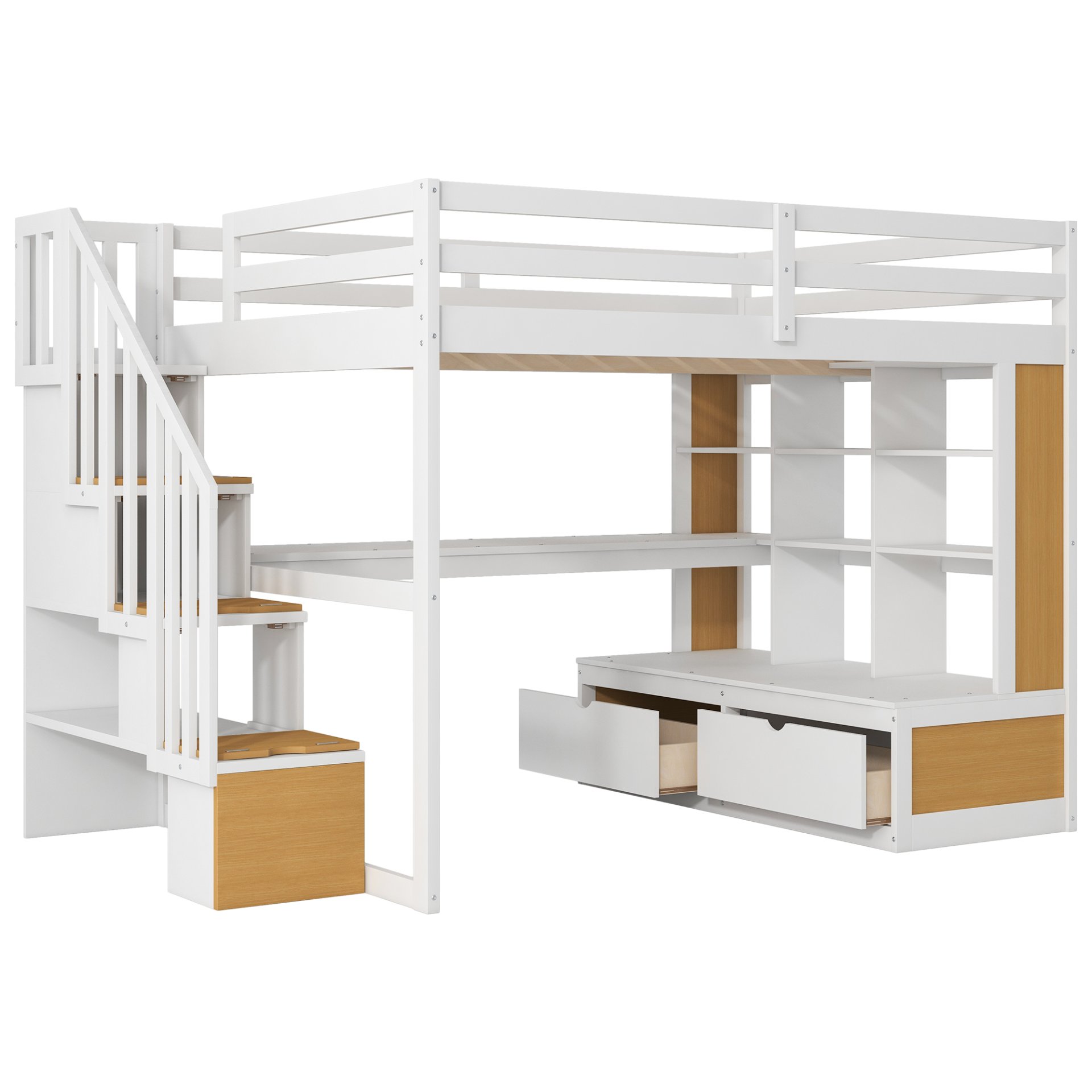 Full Size Loft Bed With Desk And Shelves, 2 Built In Drawers, Storage Staircase - Natural / White - Image 6