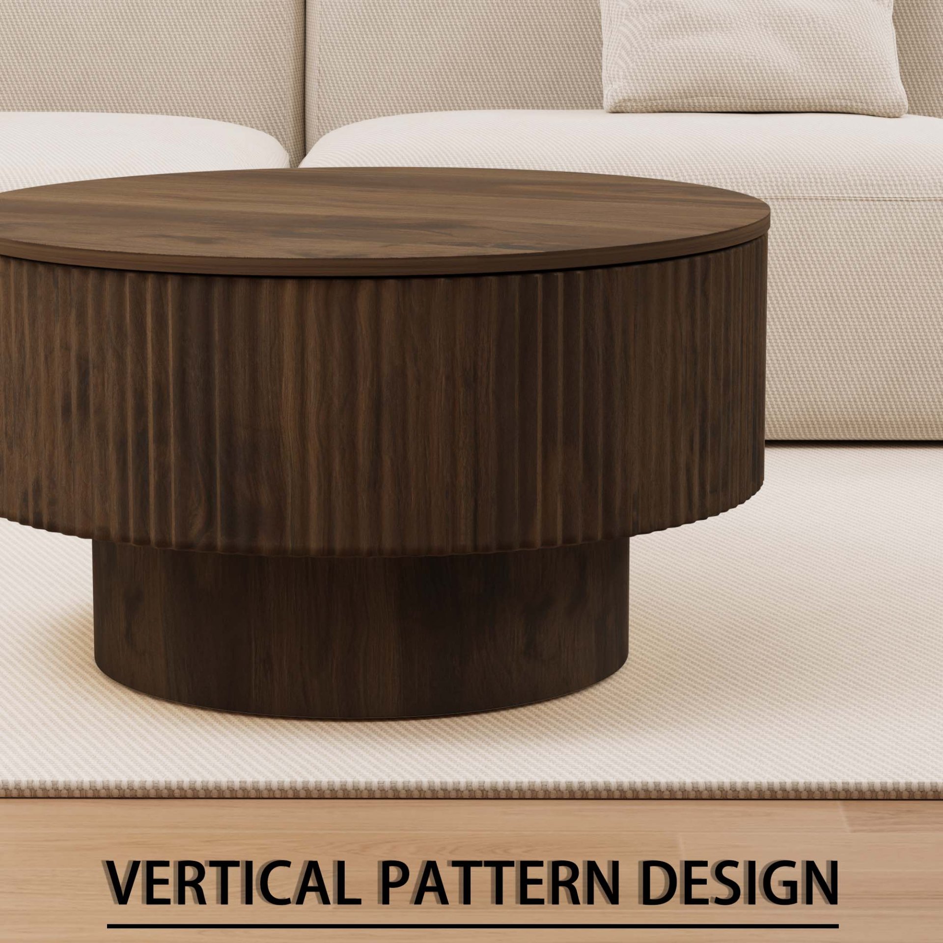 Circular Coffee Table With Stripe Design And Hidden Storage - Walnut - Image 9