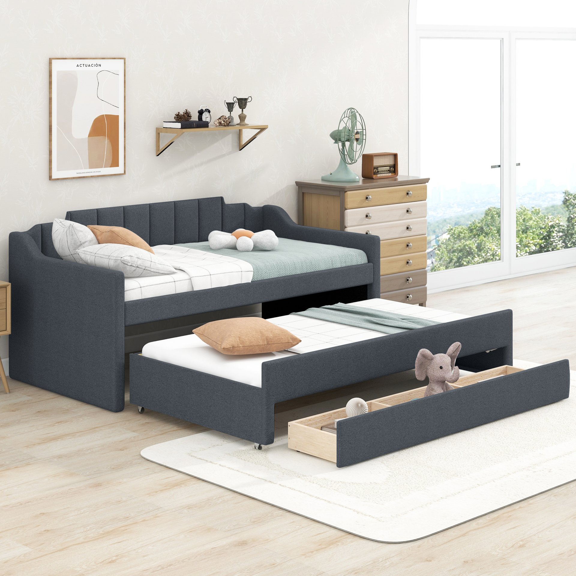 Twin Size Upholstered Daybed With Trundle And 3 Drawers - Gray - Image 2
