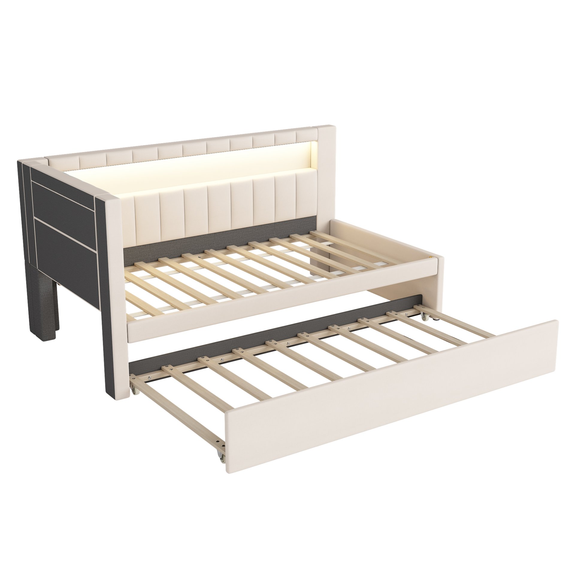 Twin Upholstered Platform Bed With USB Ports And LED Belt, Includes Trundle - White - Image 12