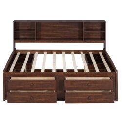 Full Size Captain Bed With Built In Storage Shelves, 4 Drawers And 2 Cabinets - Antique Brown