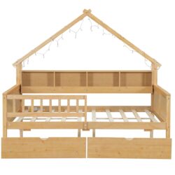 House Style Full Size Platform Bed With LED Lights, Storage Shelves, Drawers, And Guardrail - Natural