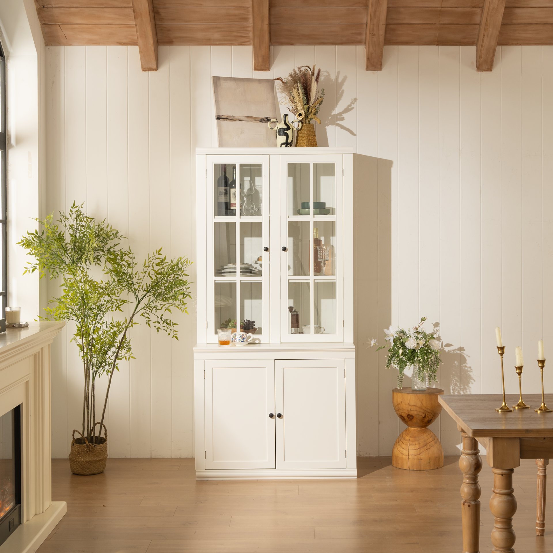 Retro Style Hutch Cabinet With Double Glass Doors, China Cabinet For Home, Office, Or Studio - White - Image 4