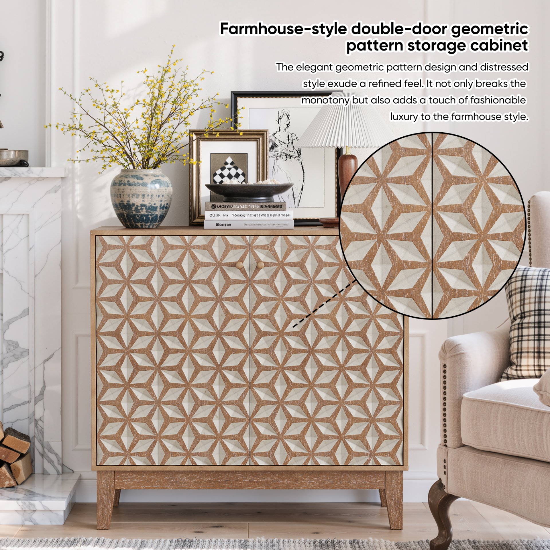 Geometric Design Sideboard With 2 Doors And Adjustable Shelves - Tangerine / Walnut - Image 6