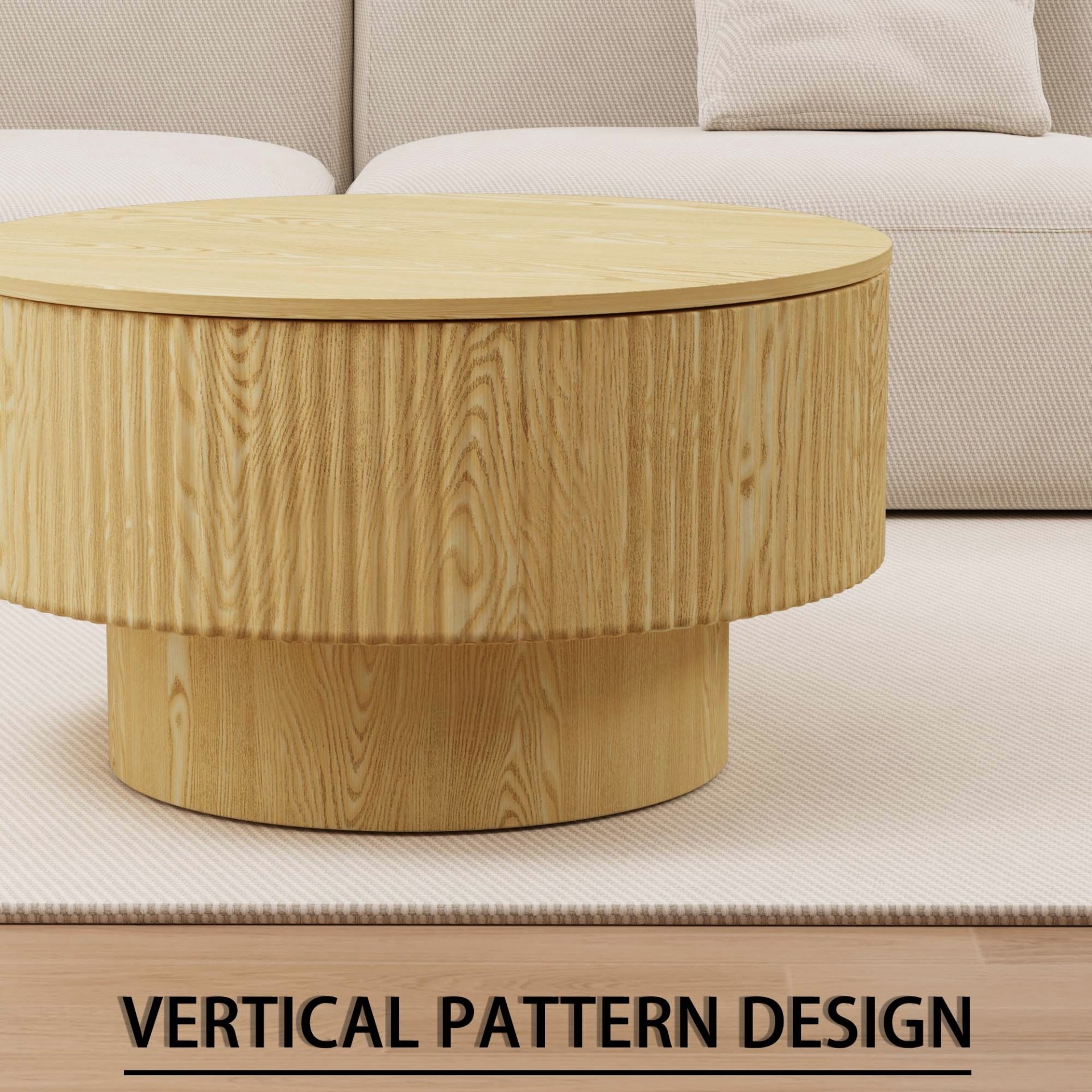 Circular Coffee Table With Stripe Design And Storage Space - Natural Wood - Image 10
