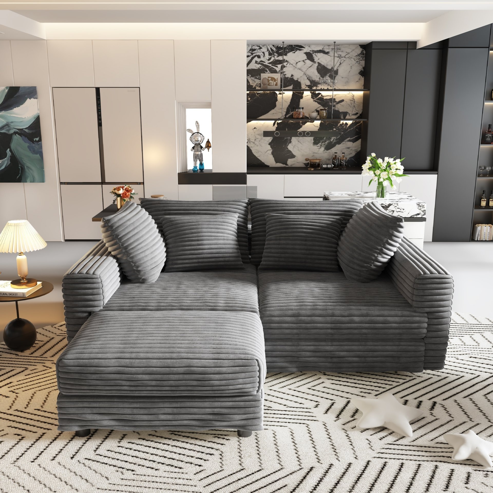 Plush Corduroy 4 Seat Sofa, Modern Comfy Upholstered Sofa Cloud Couch, Deep Seat Couches With Soft Pillows And Movable Ottoman, Convertible Sofa Lounge Chair - Gray - Image 8