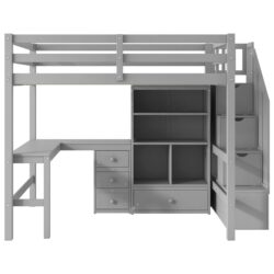 Full Size Loft Bed With L-Shaped Desk, Drawers, Cabinet, And Storage Staircase - Gray