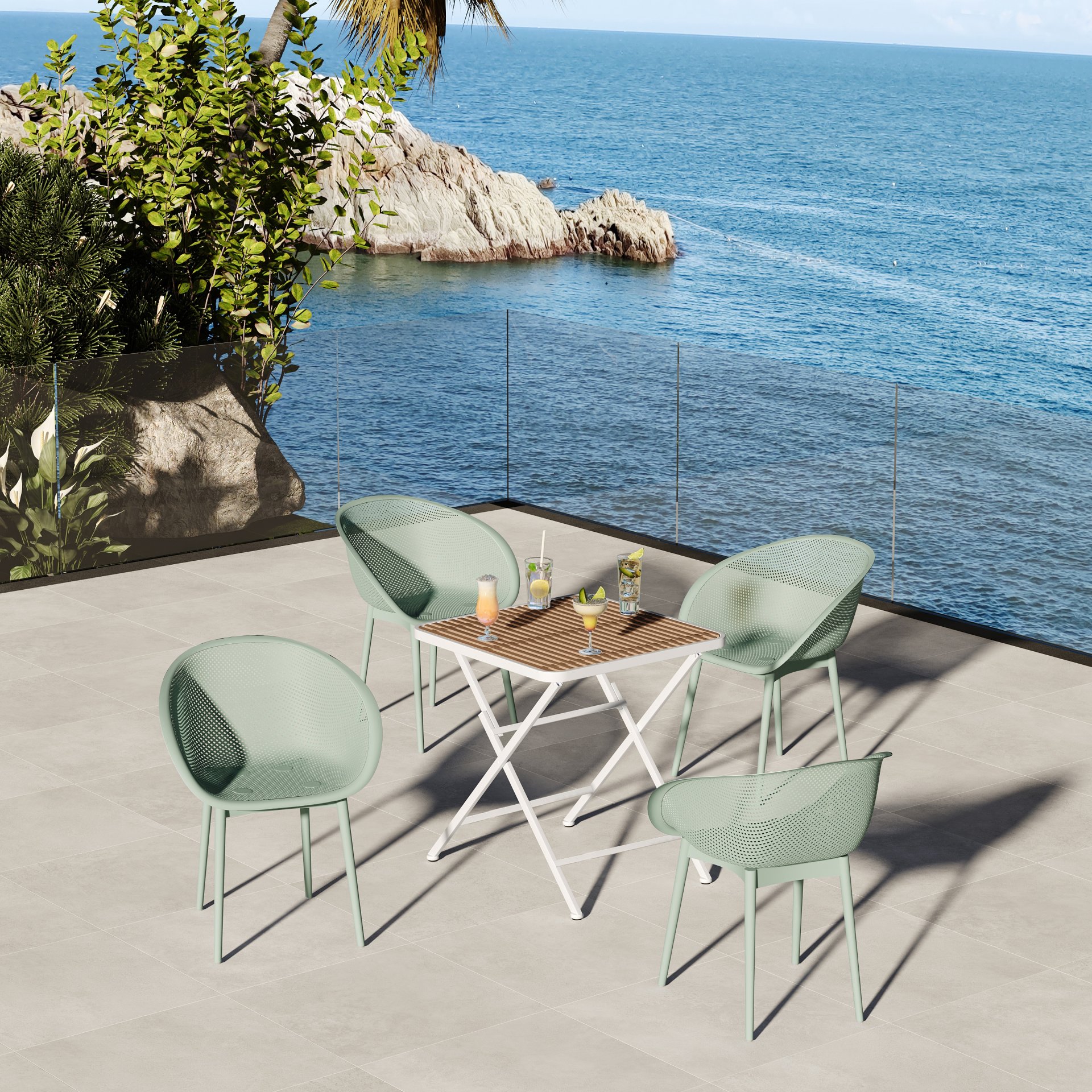 2 Pack Lounge Chair Set With Folding Square Table - Khaki / Pale Green / White - Image 2