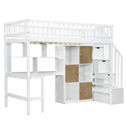 Twin Size Loft Bed With Built In L-Shaped Desk, LED Lights, Storage Shelves, Cabinets, And Staircase - White