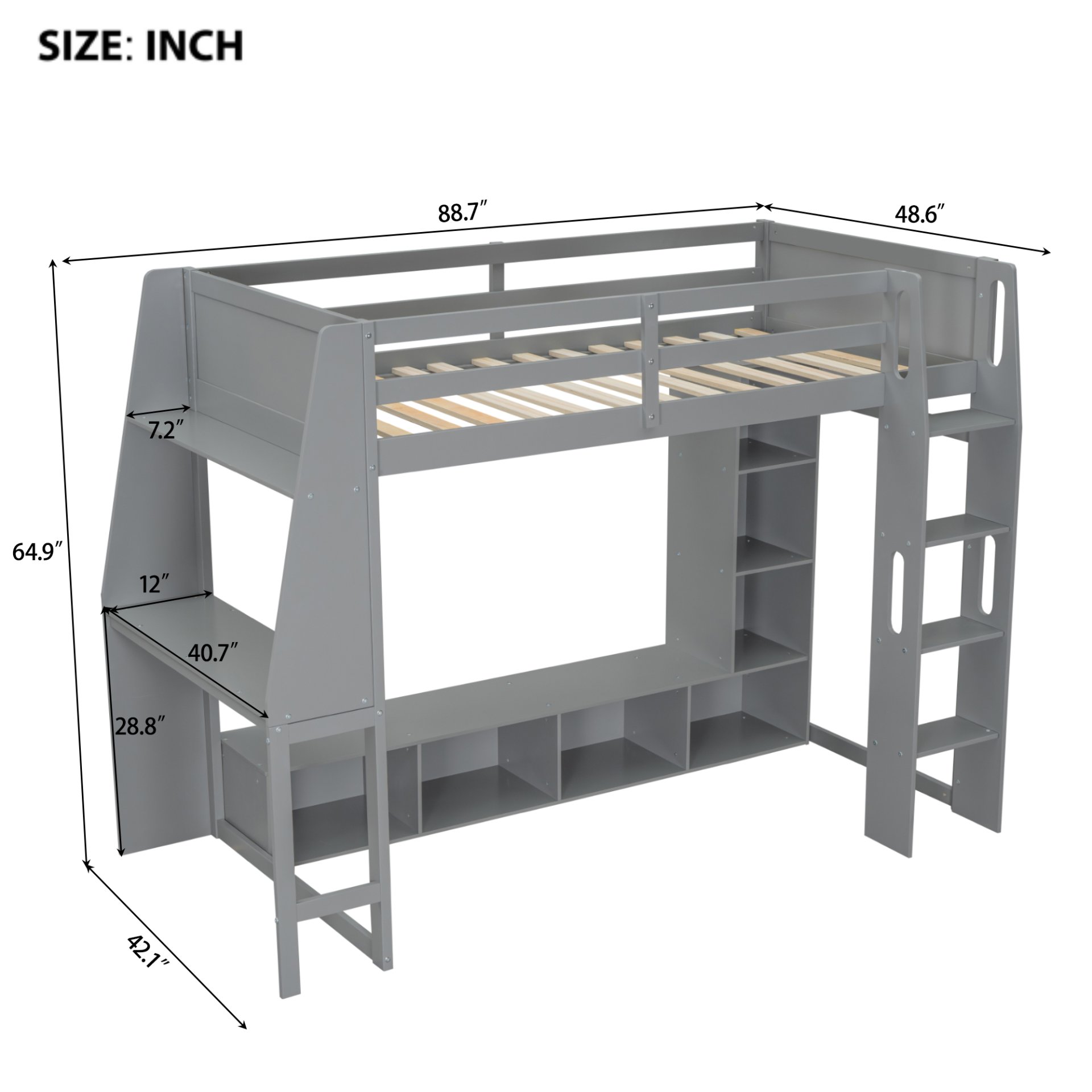Twin Size Gaming Loft Bed With Desk, Multi Storage Shelves, LED Lighting, And Hanging Clothes Rack - Gray - Image 3