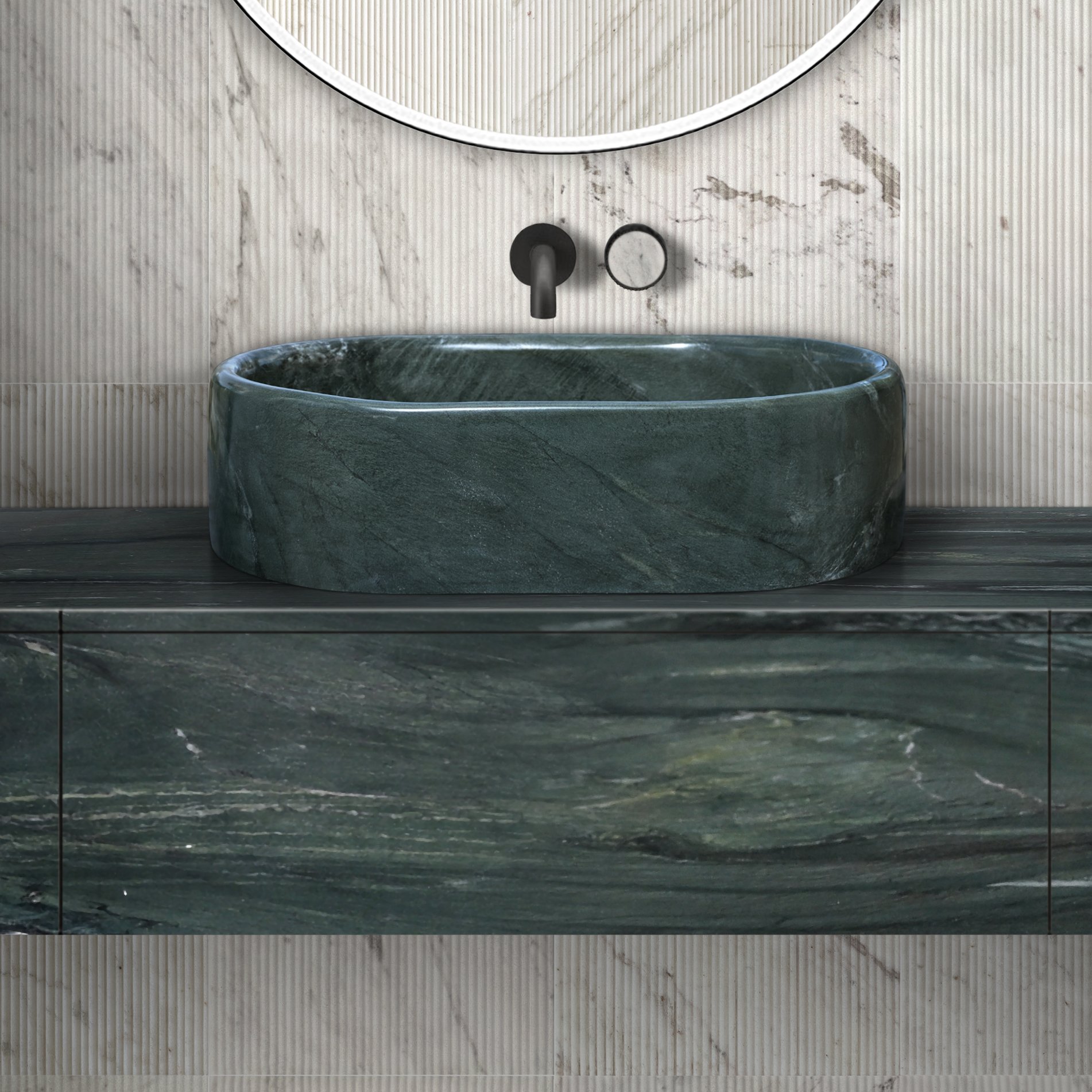 Vessel Sink, Semi Polished Surface, Genuine Real Marble, Oval Shape - Green - Image 5