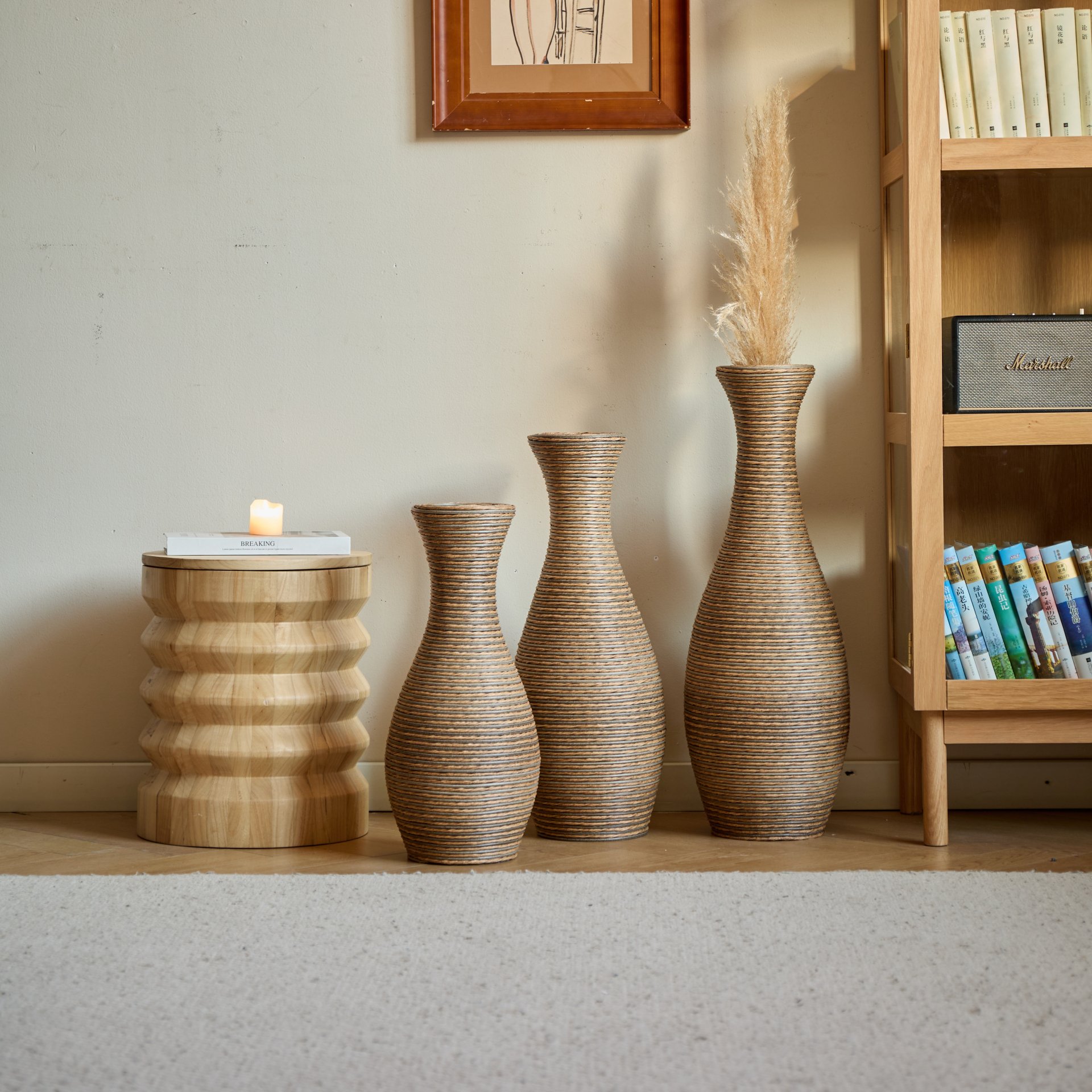 3 Piece Artificial Rattan Floor Vase Set Decorative Accent For Living Room, Hallway & Entryway, Ideal For Dried Or Silk Flower Arrangements - Beige - Image 21